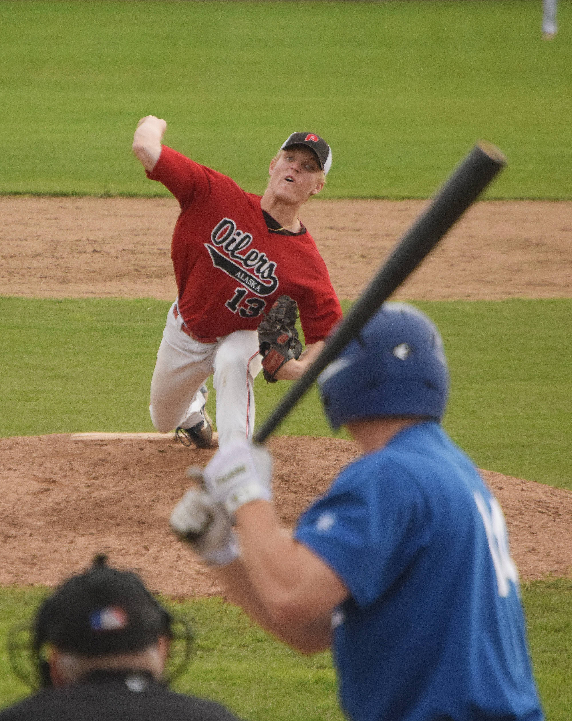 Peninsula Oilers reliever Ryan Silva unleashes a pitch Thursday against the Anchorage Glacier Pilots at Coral Seymour Memorial Ballpark in Kenai. (Photo by Joey Klecka/Peninsula Clarion)