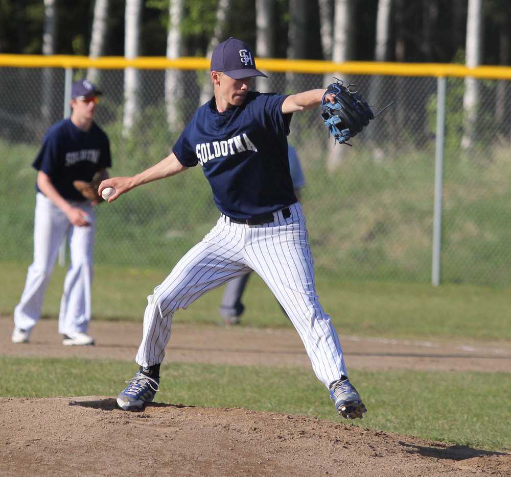 Soldotna right-hander Tyler Covey fires a pitch during the first inning of an 11-1 loss to Wasilla in the Southcentral Conference championship game Friday night at Houston High School.