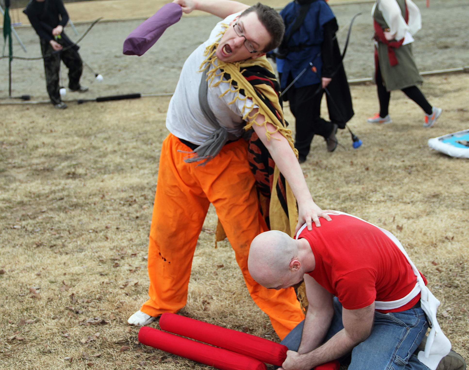 Cody Whiteley goes for the final blow to defeat his opponent Issac Dutton in a larping bout at Beaver Creek Park in Kenai Sunday. The two are members of the Kenai/Soldotna chapter of amtgard, a live-action fantasy combat game played around the country. The group, known as the frozen coast alliance, meet every Sunday at 1 p.m. at the park.