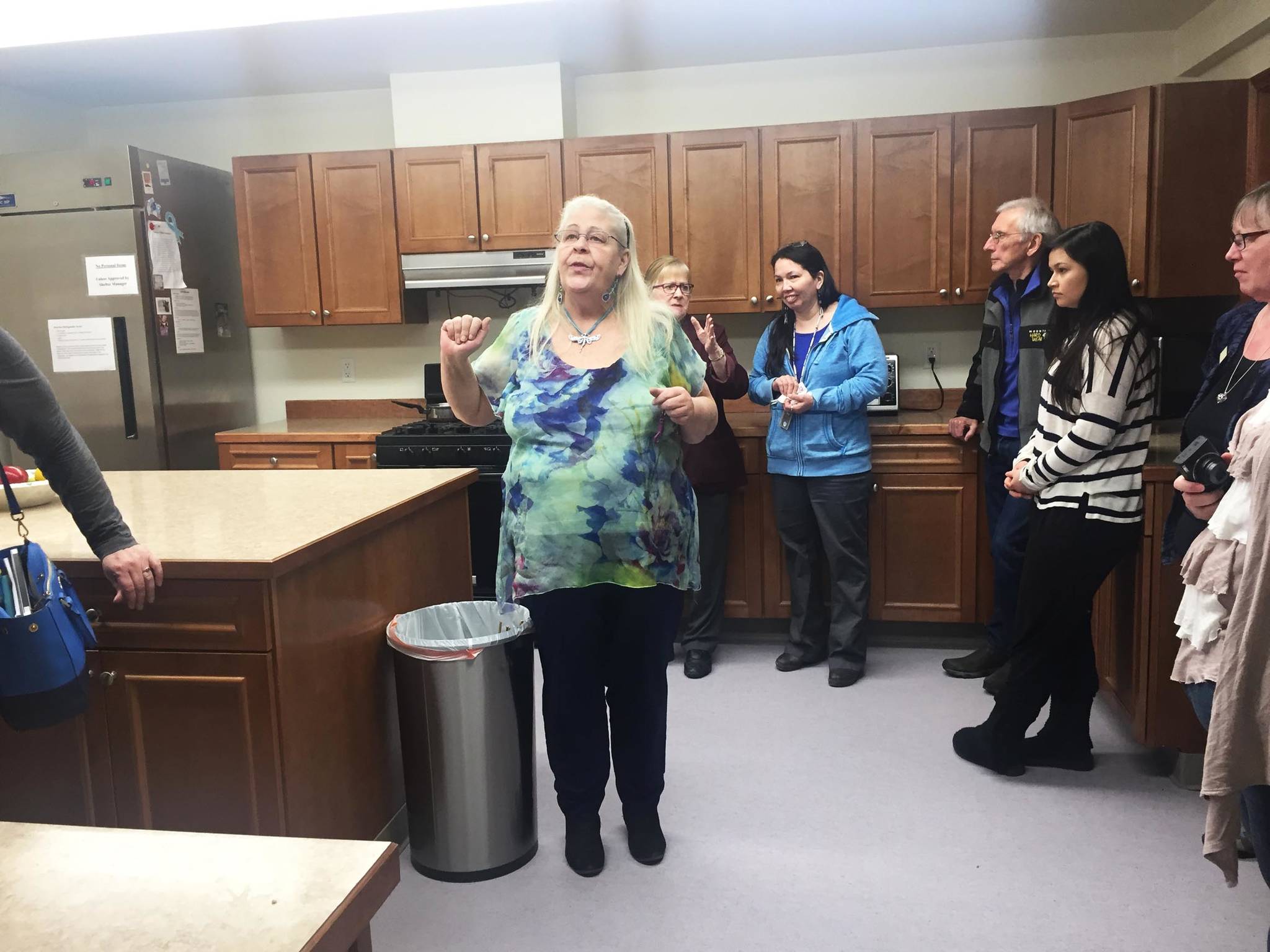 Karen Stroh, shelter manager at the LeeShore Center, shows guests around the shelter’s recently remodeled kitchen Thursday, March 9, 2017 in Kenai, Alaska. (Megan Pacer/Peninsula Clarion)