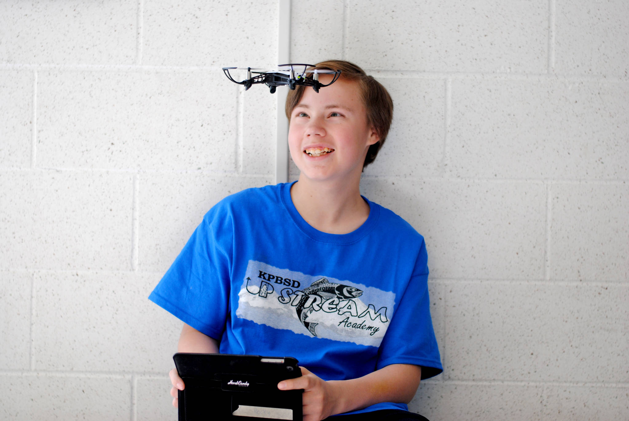 Brian Tye Kuhr, 14 of Kasilof, maneuvers his drone at UP STREAM Academy, a week-long program aimed to provide a STEM camp for Title VI Students in the Kenai Peninsula Borough School District, Thursday, June 1, 2017. The academy was held at the Challenger Learning Center of Alaska Center in Kenai, Alaska. (Kat Sorensen/Peninsula Clarion)