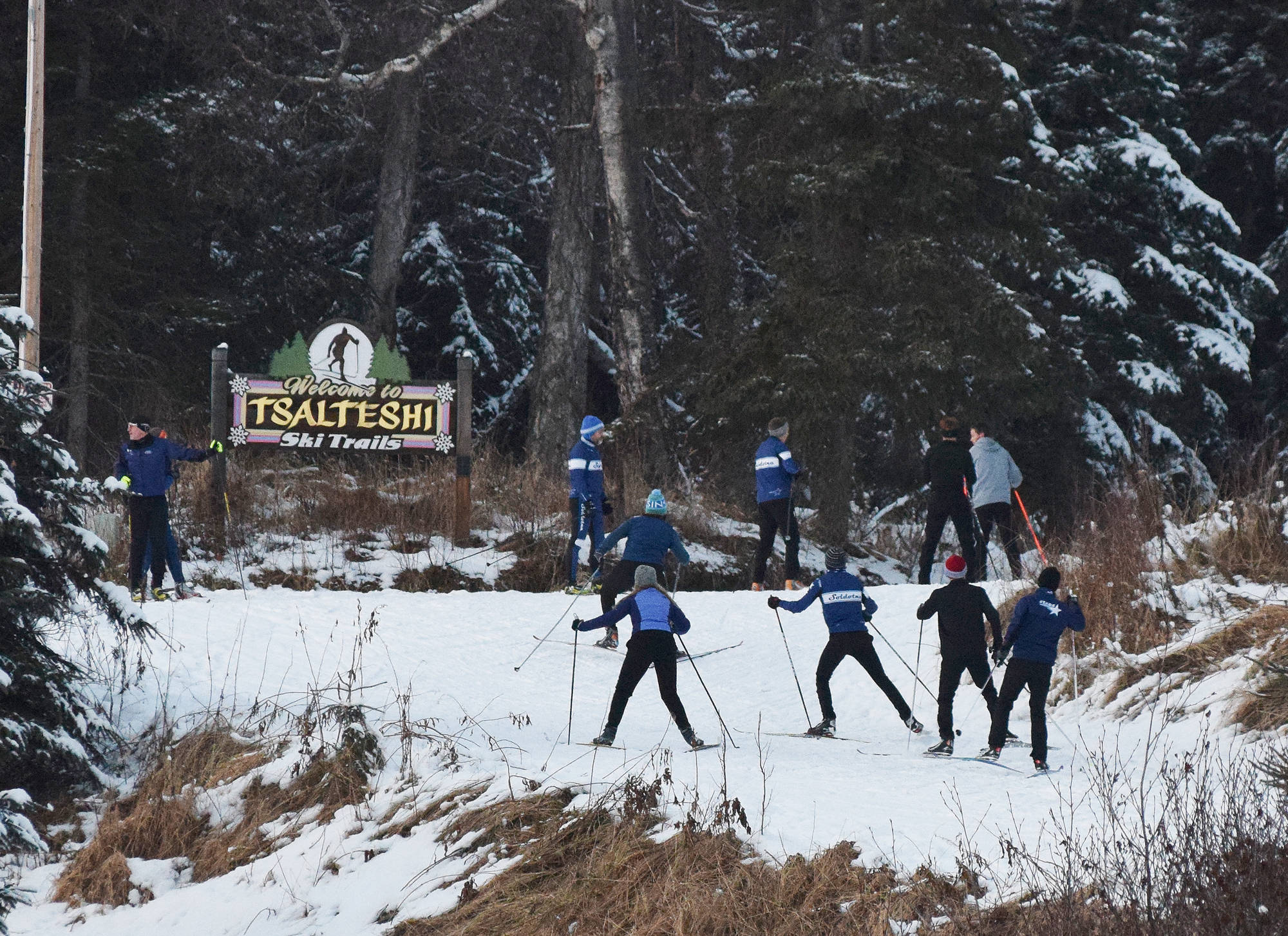 A group of Soldotna High School skiers make their way up a hill Thursday afternoon at the Tsalteshi Trails adjacent to Skyview Middle School. (Photo by Joey Klecka/Peninsula Clarion)