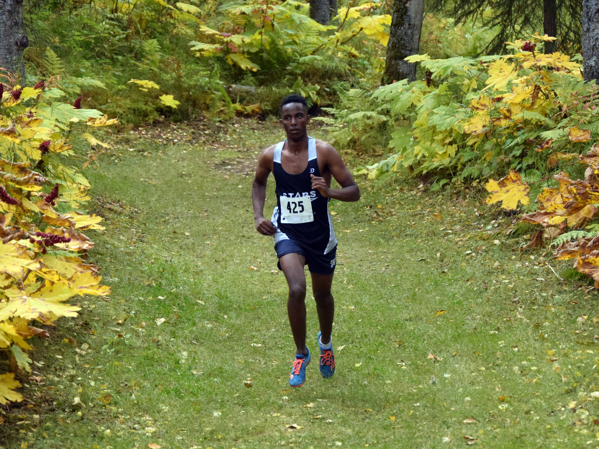 Soldotna’s Mekbeb Denbrock lead the boys race at the Kenai Peninsula Borough cross-country meet Saturday, Sept. 15, 2018, in Nikiski. (Photo by Jeff Helminiak/Peninsula Clarion)