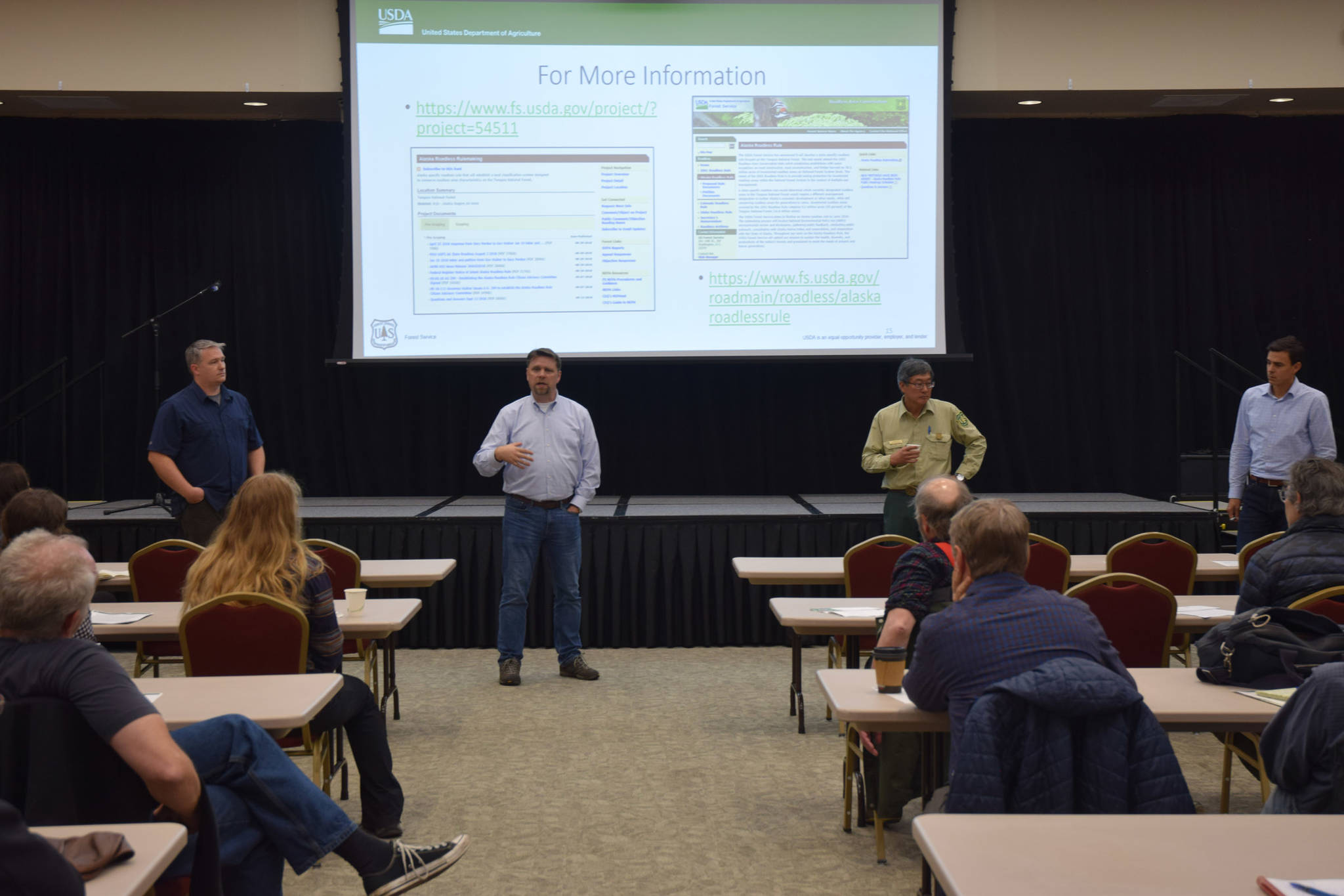 National Forest System Acting Deputy Chief Chris French speaks at a public informational meeting on Thursday on development of an Alaska-specific version of the national Roadless Rule. (Kevin Gullufsen | Juneau Empire)