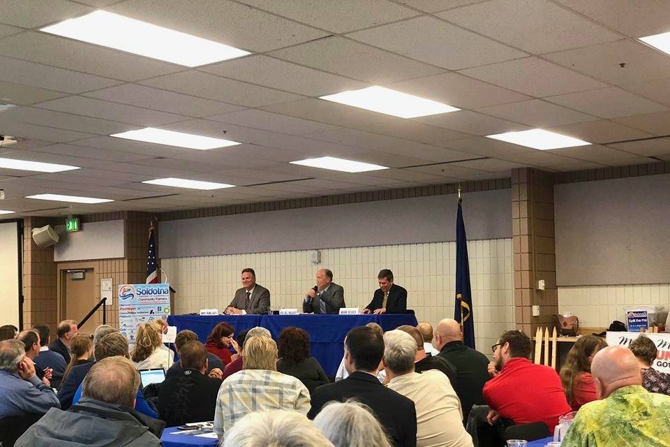 Gubernatorial candidates Mike Dunleavy, Gov. Bill Walker and Mark Begich discuss issues at the joint chamber luncheon on Wednesday in Soldotna. (Photo by Victoria Petersen/Peninsula Clarion)