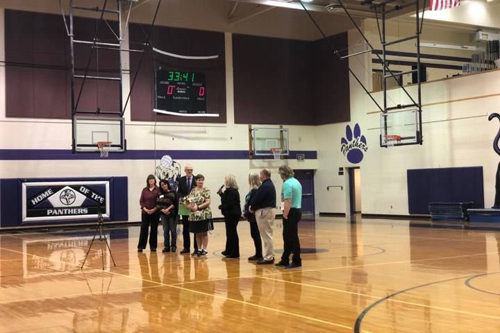 Suzanne Goodwill received the National Education Association of Alaska Education Support Professional of the Year award in a surprise assembly at Skyview Middle School in Soldotna, AK, on Tuesday, Oct. 30, 2018. (Photo by Victoria Petersen/Peninsula Clarion)