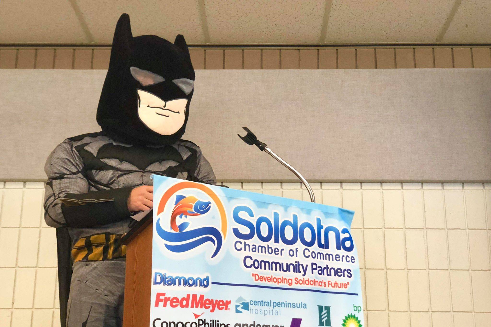 Batman emceed a special Halloween Soldotna Chamber Luncheon, on Wednesday, Oct. 31, 2018, in Soldotna, AK. (Photo by Victoria Petersen/Peninsula Clarion)