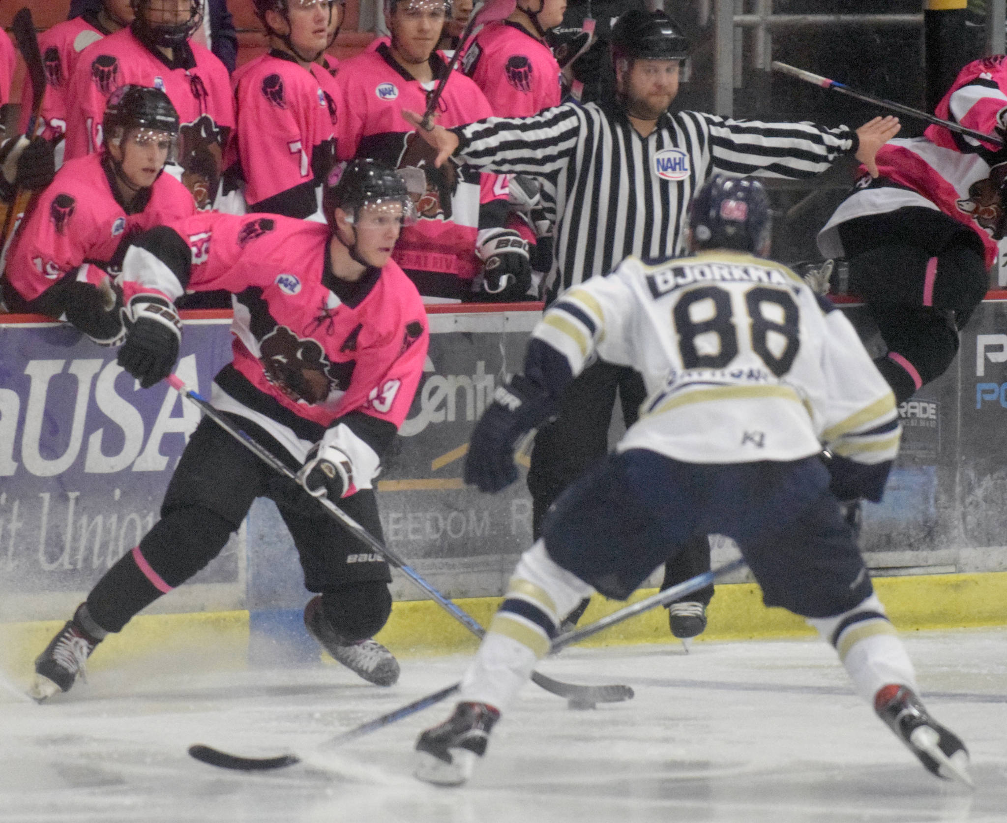 Kenai River Brown Bears forward Michael Spethmann pulls up after entering the zone on Oct. 12, 2018, against the Janesville (Wisconsin) Jets at the Soldotna Regional Sports Complex. (Photo by Jeff Helminiak/Peninsula Clarion)