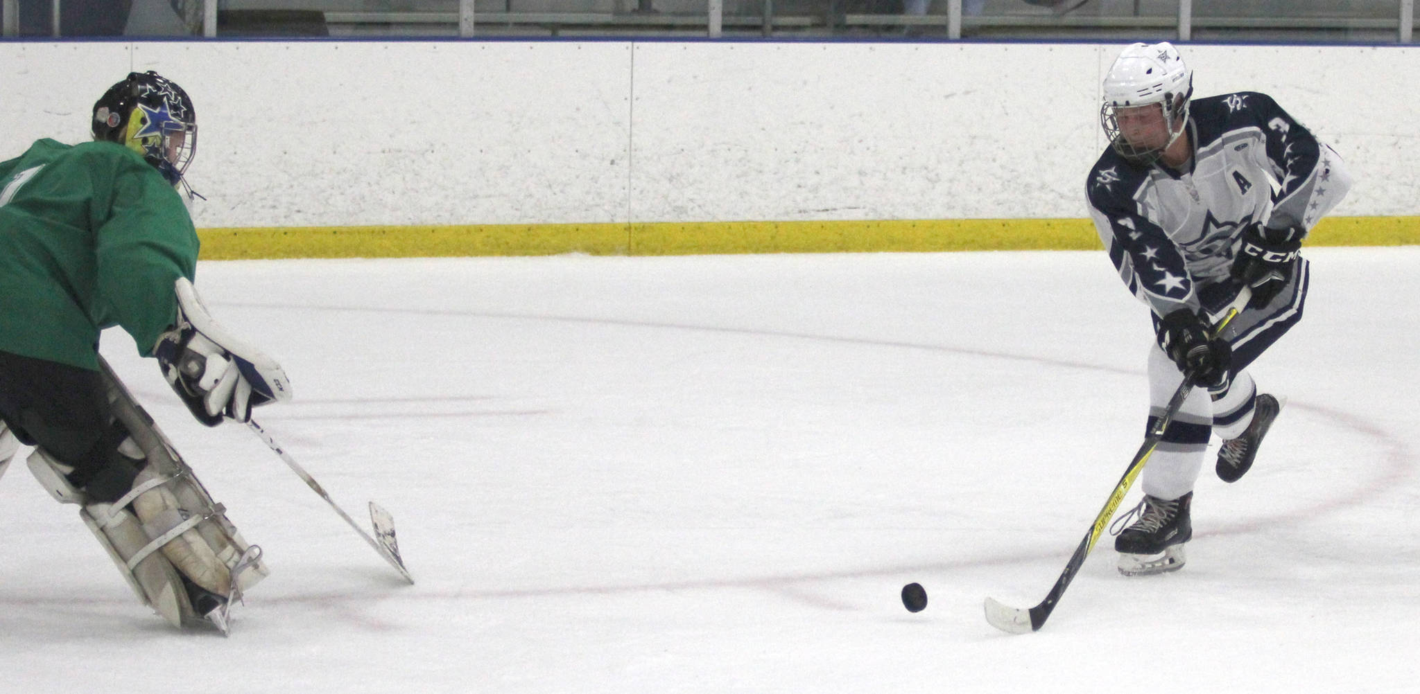 Soldotna’s Galen Brantley III scores a breakaway goal during a 6-2 loss to Colony on Friday at the MTA Events Center in Palmer. (Photo by Jeremiah Bartz/Frontiersman)