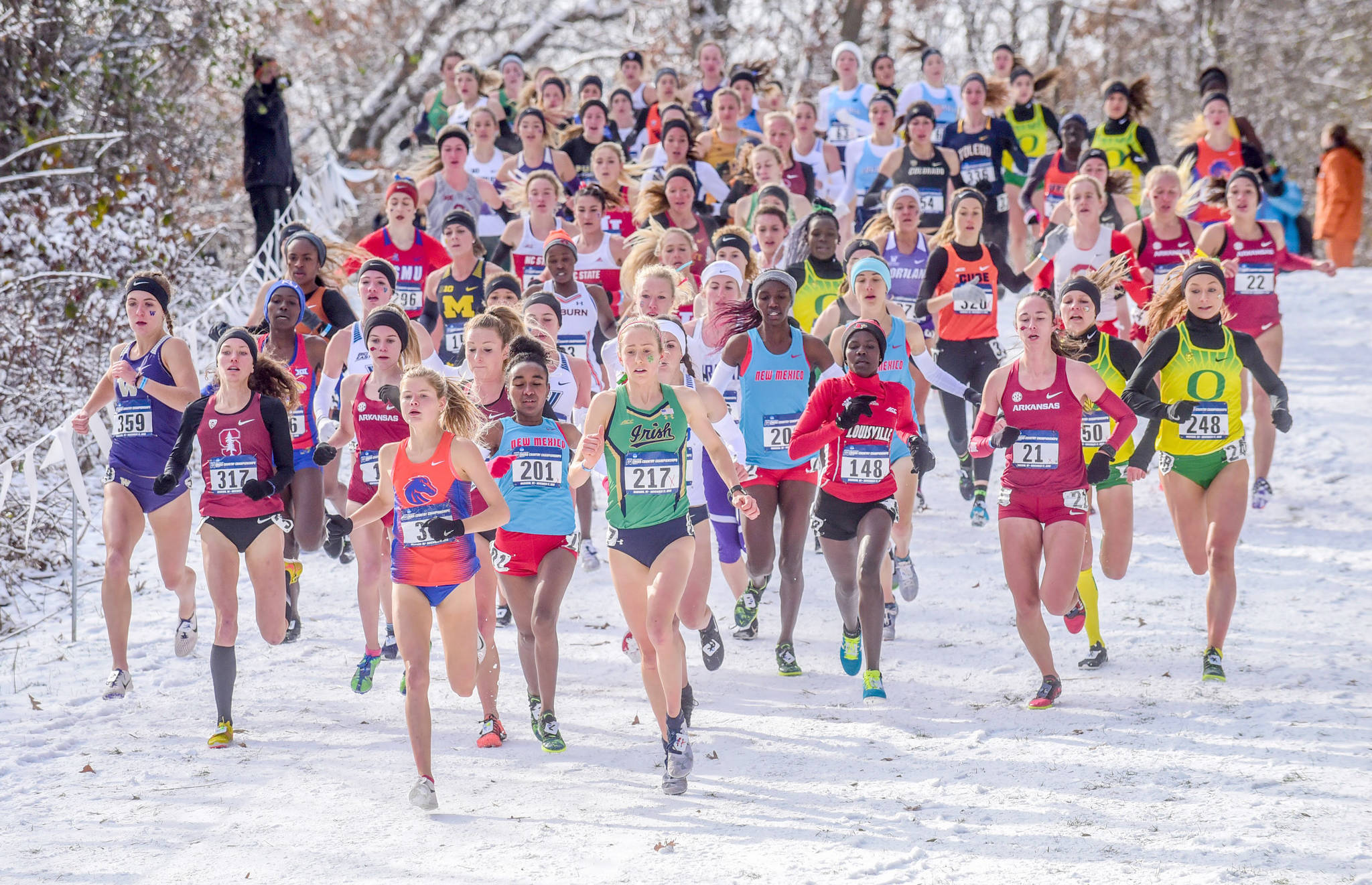 Kenai Central graduate Allie Ostrander (in orange) leads the NCAA Division I Cross Country nationals Saturday in Madison, Wisconsin. Ostrander would finish sixth in the race. (Photo courtesy of Boise State media relations/Michael Scott)