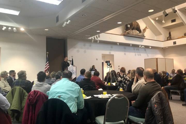 Rep. Gary Knopp speaks to a sold-out Joint Chamber Breakfast On Friday, in Kenai. (Photo by Victoria Petersen/Peninsula Clarion)