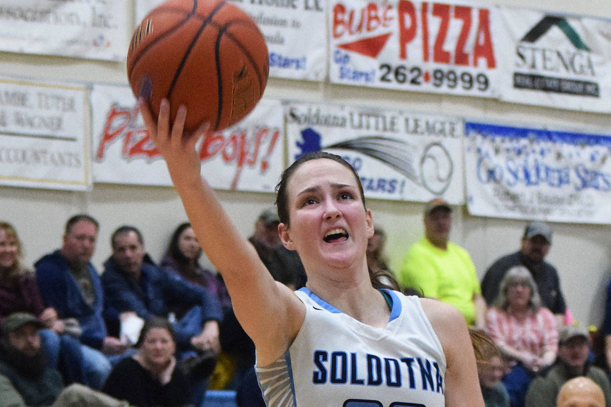 Soldotna’s Danica Schmidt drives for a bucket Jan. 18, 2019, against Colony at Soldotna High School. (Photo by Joey Klecka/Peninsula Clarion)