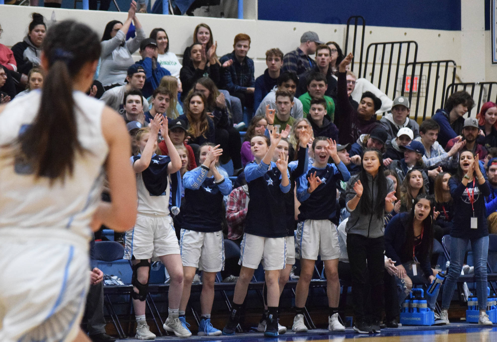 Soldotna basketball supporters cheer for the SoHi girls team in Saturday’s Northern Lights Conference tournament final against the Wasilla Warriors. (Photo by Joey Klecka/Peninsula Clarion)