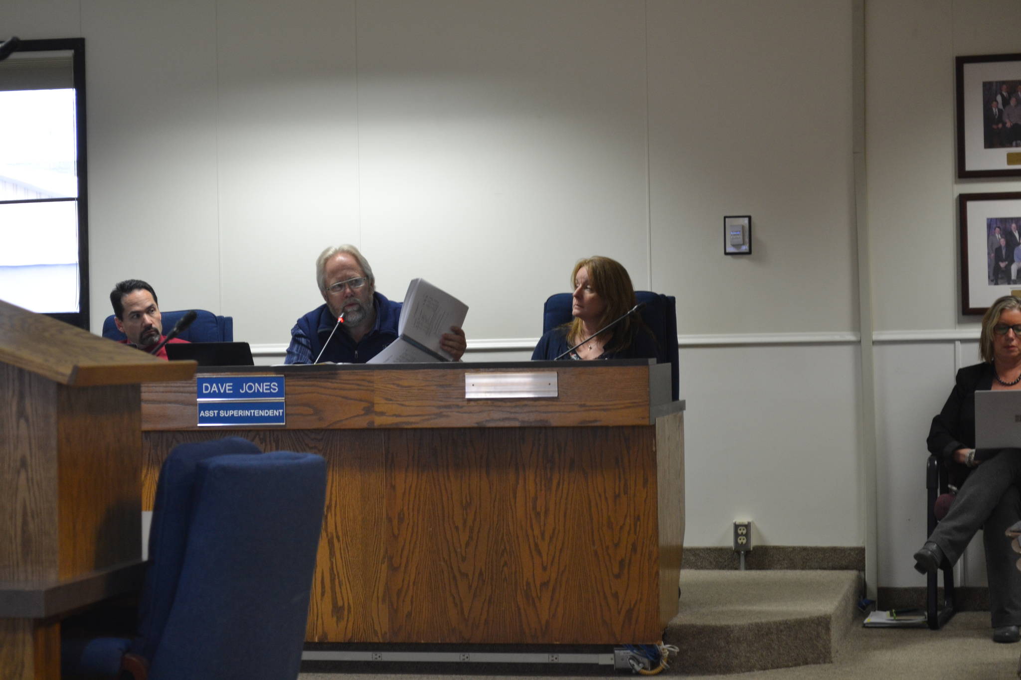 Kenai Peninsula Borough School District Assistant Superintendent presents an update to the Kenai Peninsula Borough School District Board of Education on the district’s upcoming budget on Thursday, March 21, 2019, in Soldotna, Alaska. (Photo by Victoria Petersen/Peninsula Clarion)