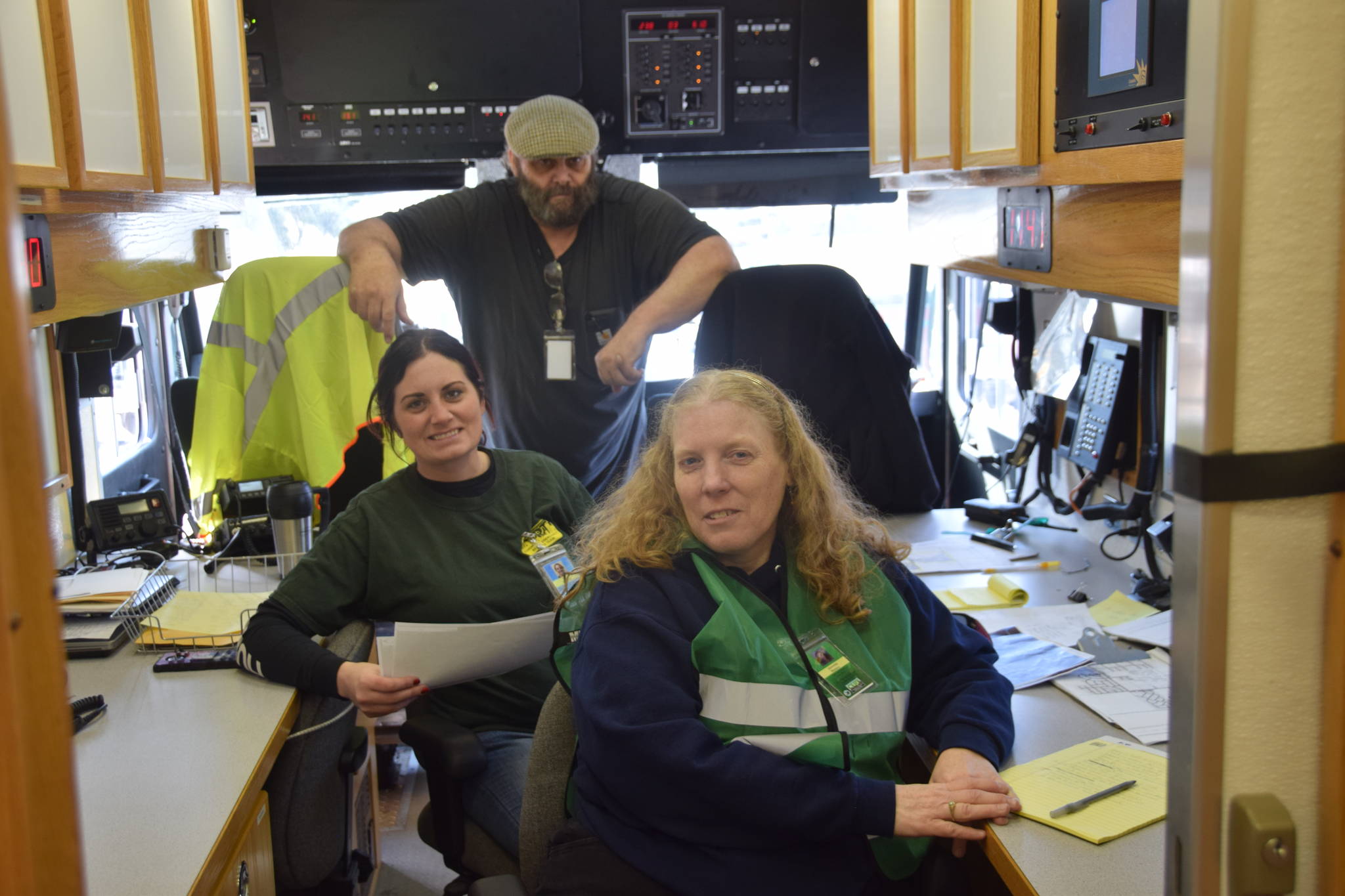 CERT volunteers run OEM’s Mobile Command Center during a simulated neighborhood evacuation in Kenai, Alaska on Saturday, April 13, 2019. (Photo by Brian Mazurek/Peninsula Clarion)