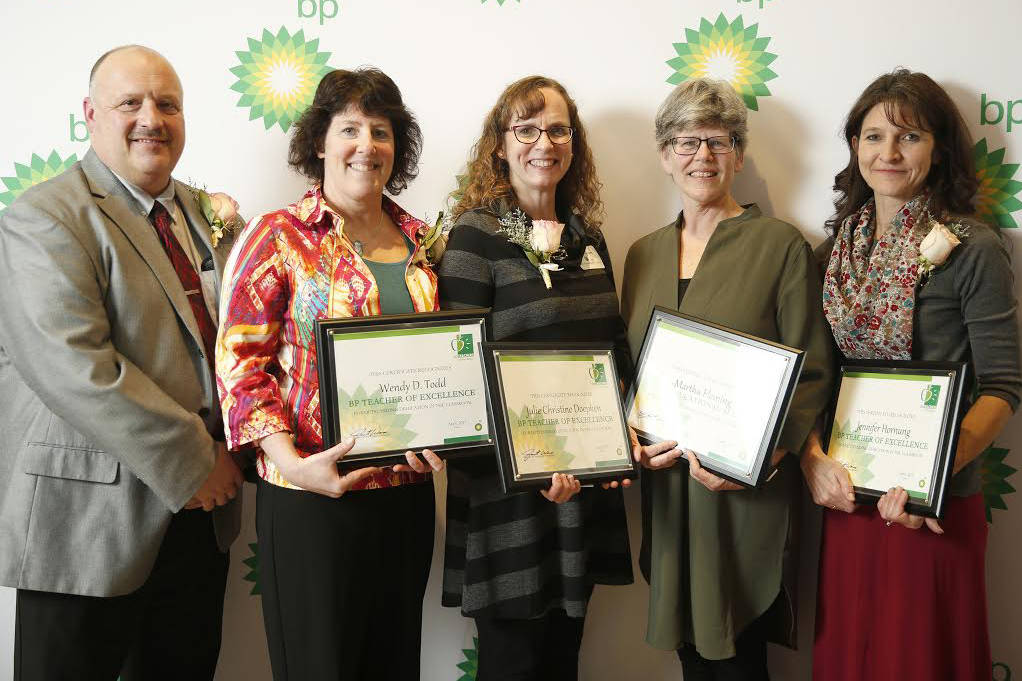 Kenai Peninsula Borough School District Superintendent Sean Dusek stands next to BP Teachers of Excellence honorees, Wendy Todd, a teacher at Paul Banks Elementary in Homer, Julie Doepken, a teacher at William H. Seward High School in Seward, Martha Fleming of Seward High School and Jennifer Hornung, a teacher at Nikiski Middle/High School at the BP Teachers of Excellence reception in Anchorage, Alaska on Wednesday, April 24, 2019. (Photo courtesy of BP Teachers of Excellence.)