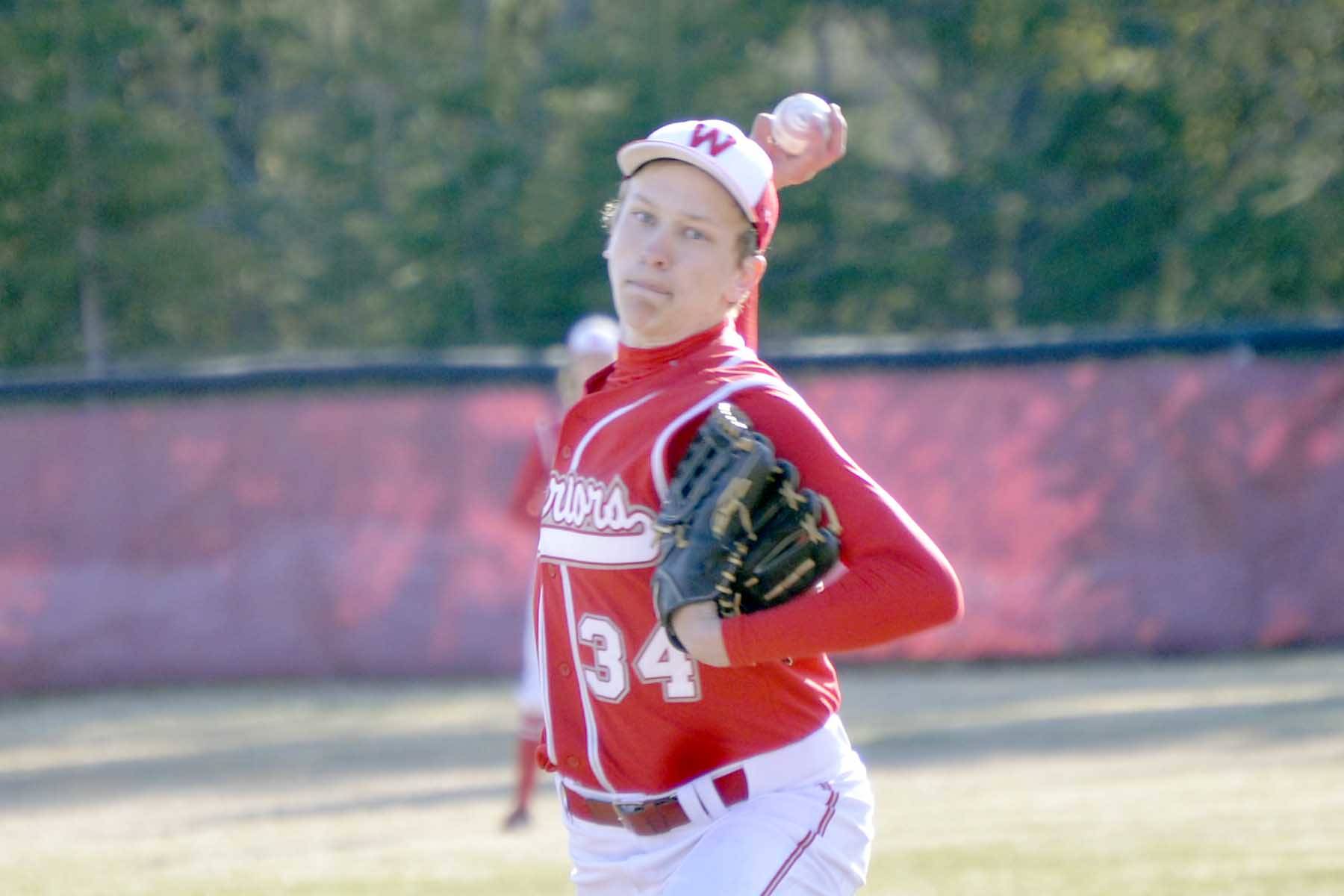 Wasilla pitcher Carter Huston delievers home Friday, May 3, 2019, at the Kenai Little League fields in Kenai, Alaska. (Photo by Jeff Helminiak/Peninsula Clarion)