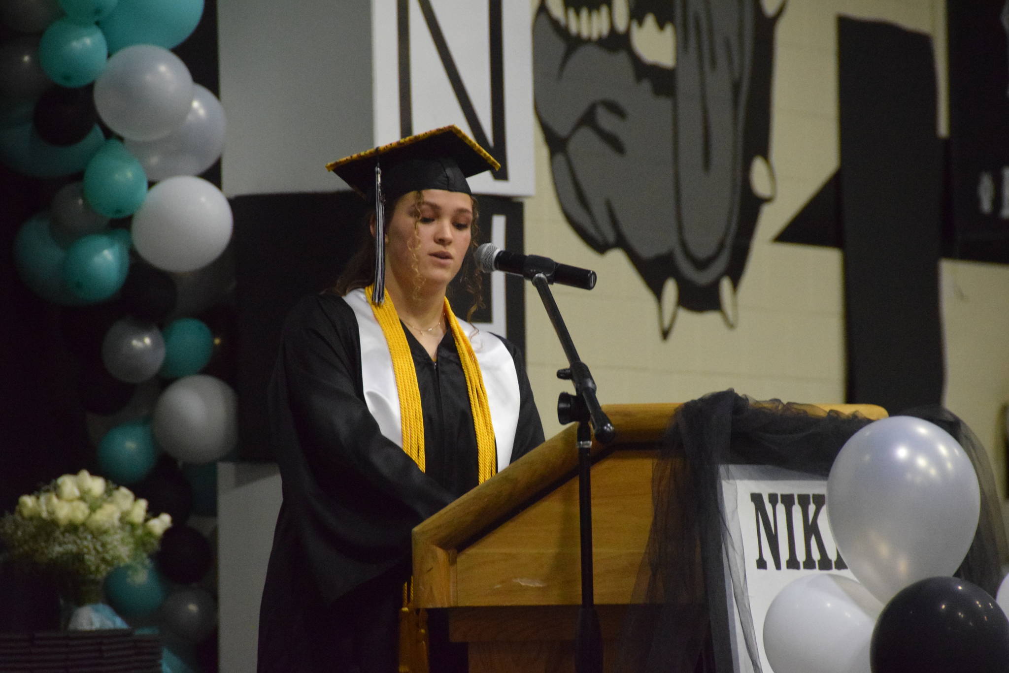 Student Body President Alie Minium gives her opening speech during the 2019 Nikiski High School graduation in Nikiski, Alaska on May 20, 2019. (Photo by Brian Mazurek/Peninsula Clarion)