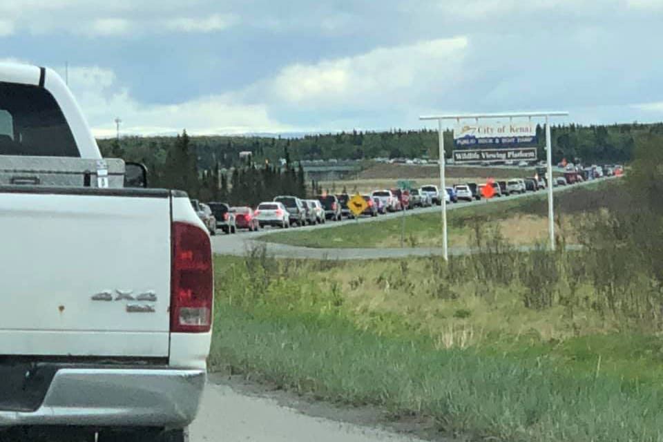 Vehicles are backed up along Bridge Access Road as construction crews work to repair bridge expansion joints on Monday, May 20, 2019 in Kenai, Alaska. (Photo courtesy Doug Munn)