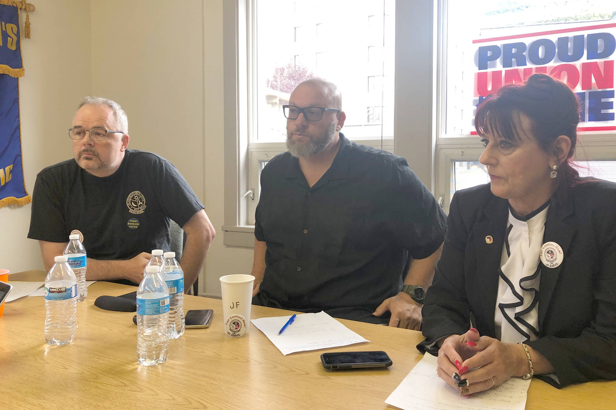 From left to right: Robb Arnorld, John Fageaux, IBU President Marina Secchitano, at the IBU office in Juneau on Wednesday, July 24, 2019. (Peter Segall | Juneau Empire)