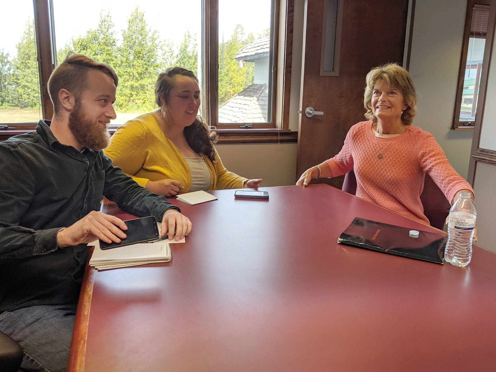 Erin Thompson / Peninsula Clarion                                Clarion reporters Brian Mazurek and Victoria Petersen interview Sen. Lisa Murkowski, R-Alaska, Wednesday at the Peninsula Clarion in Kenai. Murkowski discussed issues such as the Alaska Permanent Fund dividend, the Pebble Mine project and Alaska-related legislation.