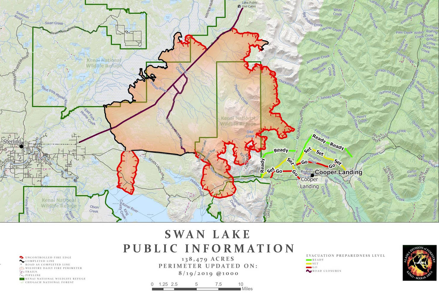 A map of the Swan Lake Fire as of Aug. 19, 2019. (Courtesy Alaska Division of Forestry)