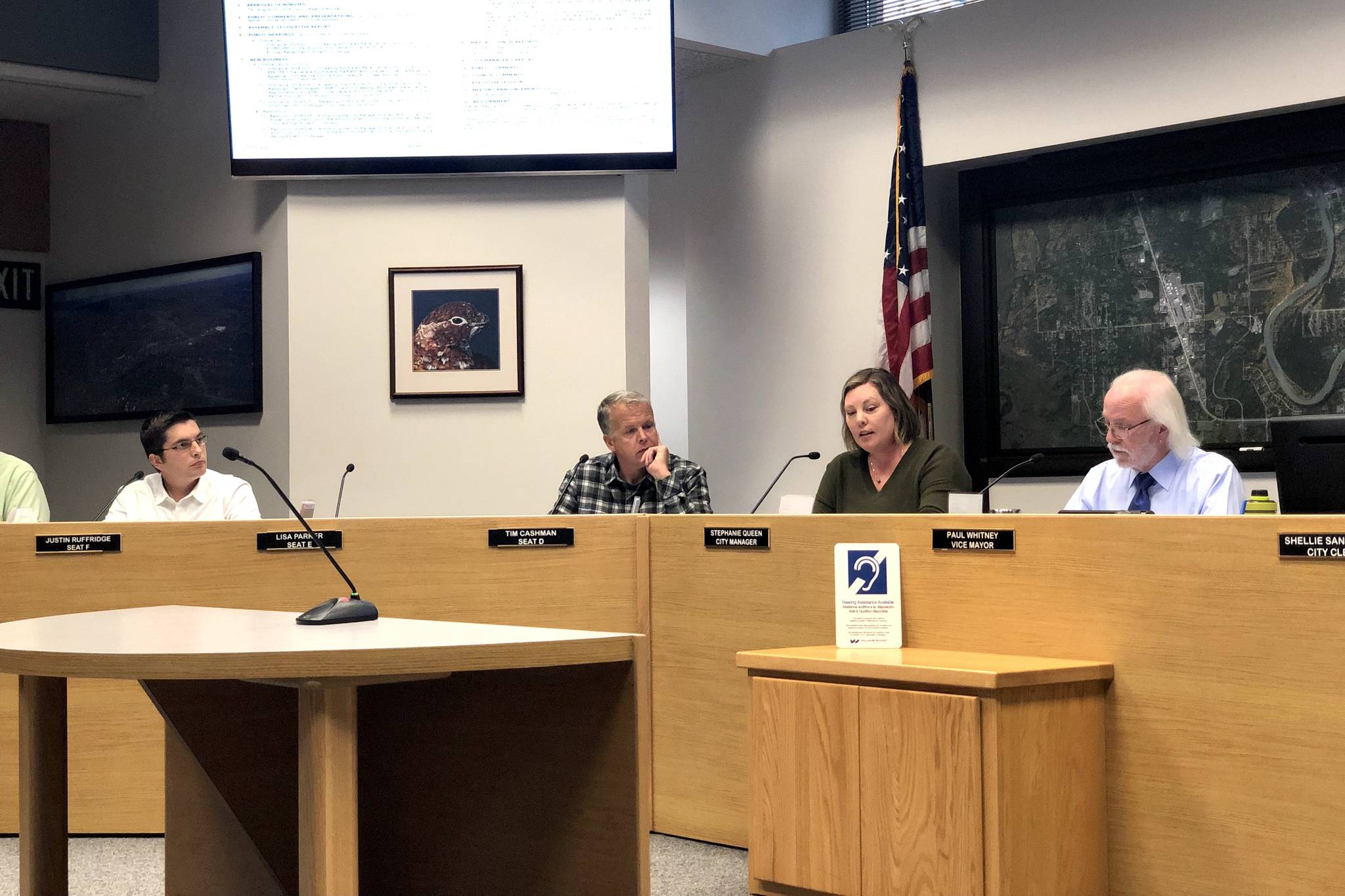 Soldotna City Council members are pictured on Thursday at Soldotna City Hall. The council voted to postpone a resolution that would authorize the city manager to submit a petition to annex to the state’s Local Boundary Commission. (Photo by Victoria Petersen/Peninsula Clarion)