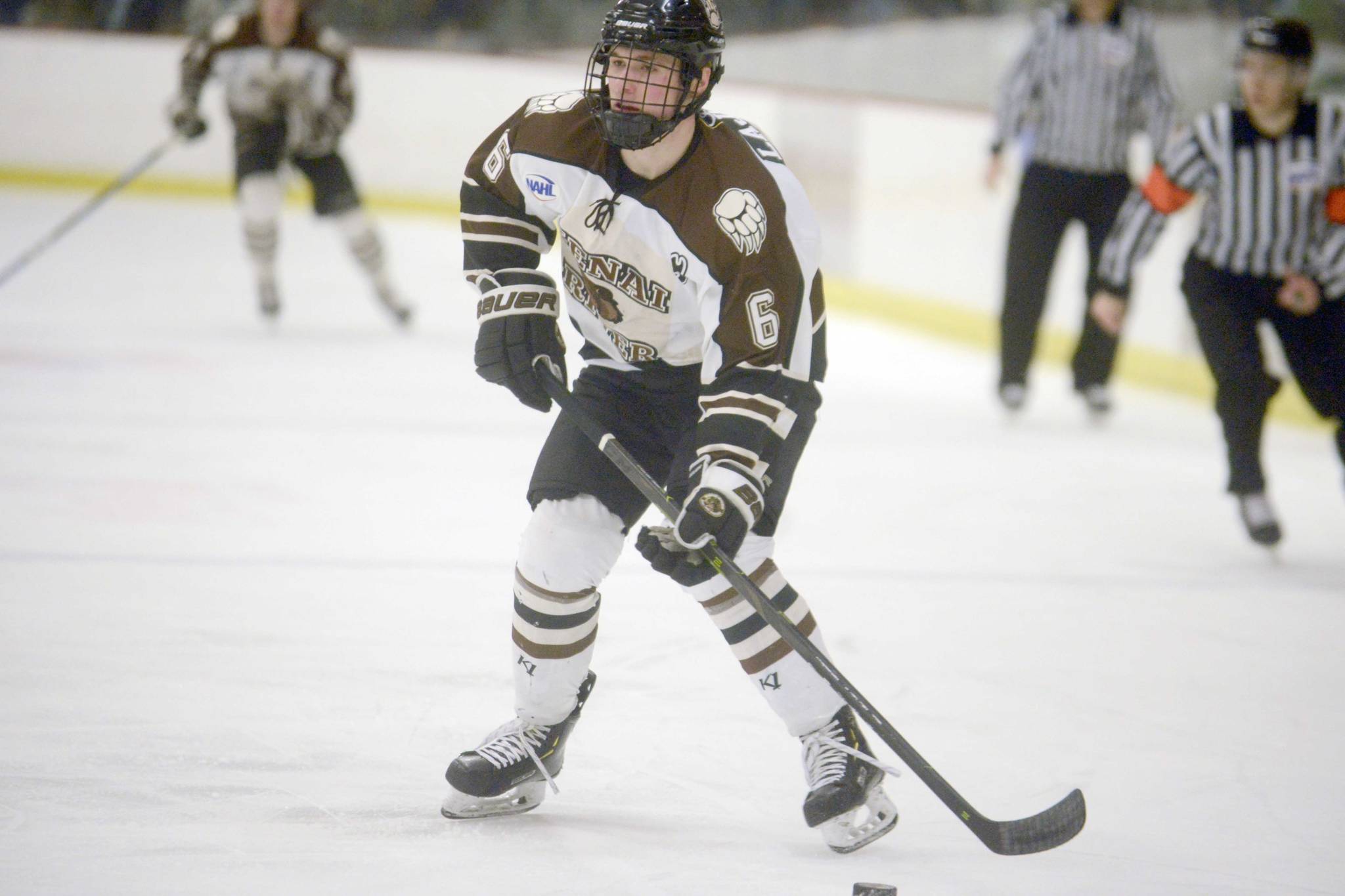 Kenai River Brown Bears forward Brandon Lajoie controls the puck against the Springfield (Illionis) Jr. Blues on Friday, Jan. 18, 2019, at the Soldotna Regional Sports Complex. (Photo by Jeff Helminiak/Peninsula Clarion)