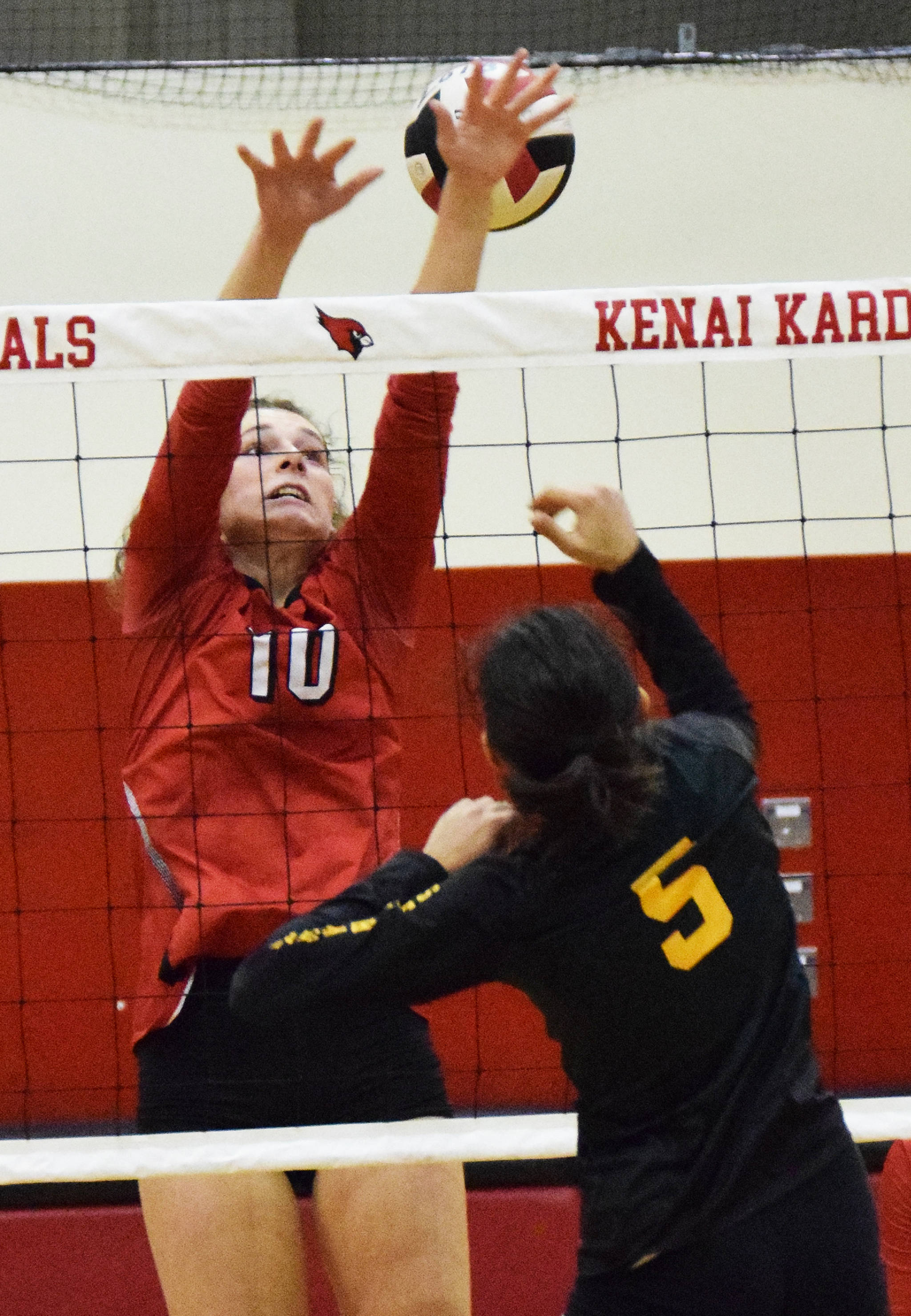 Kenai’s Abby Every (10) puts a block on Seward’s Sofia Perazzi, Thursday, Oct. 3, 2019, against Seward at Kenai Central High School in Kenai, Alaska. (Photo by Joey Klecka/Peninsula Clarion)