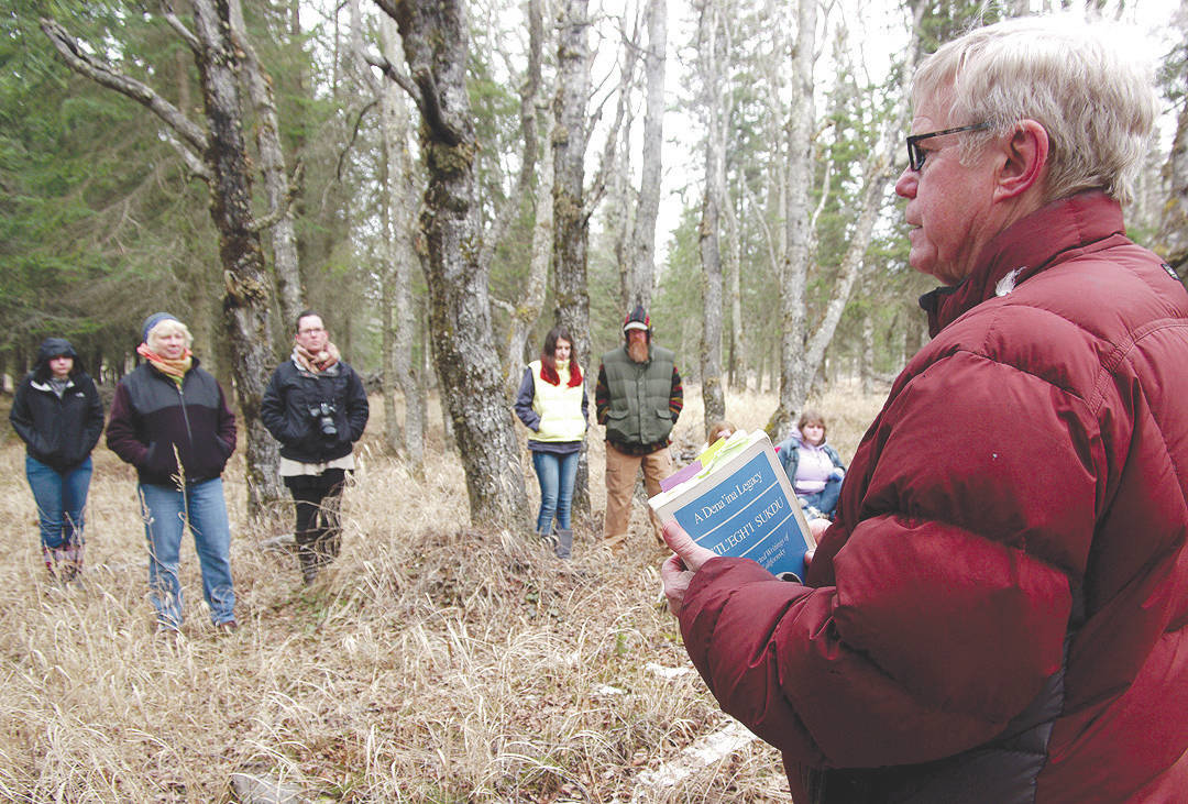 Dr. Alan Boraas leads a tour of Kalifornsky Village, a former Native settlement, in April 2014. Boraas was a professor of anthropology at Kenai Peninsula College, an honorary member of the Kenaitze Indian Tribe and the driving force behind the creation, maintenance and expansion of the Tsalteshi Ski Trails. (Photo courtesy of Jenny Neyman)