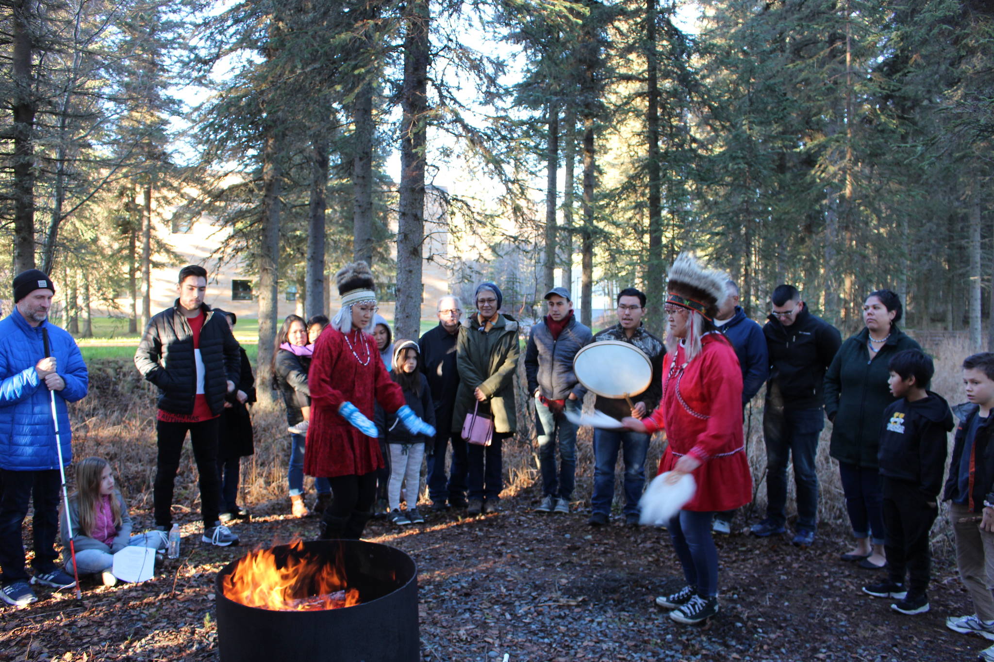 Brian Mazurek / Peninsula Clarion                                Members of the Kahtnu Yurartet dance group perform a traditional Yupik dance during a ceremony celebrating the life Dr. Alan Boraas at Kenai Peninsula College on Saturday.