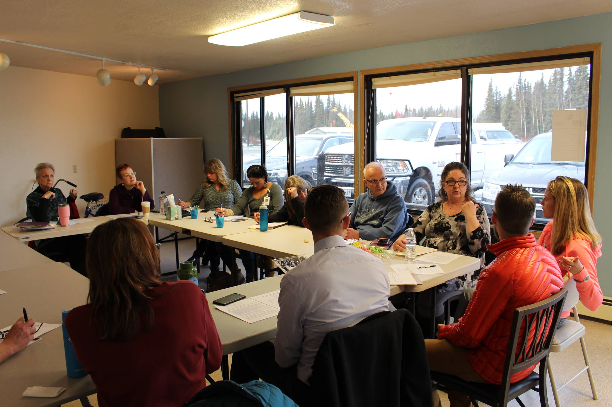 Members of a shelter development work group meet at the Independent Living Center in Soldotna, Alaska, to discuss the establishment of an emergency cold-weather shelter on the peninsula on Tuesday, Nov. 19, 2019. (Photo by Brian Mazurek/Peninsula Clarion)