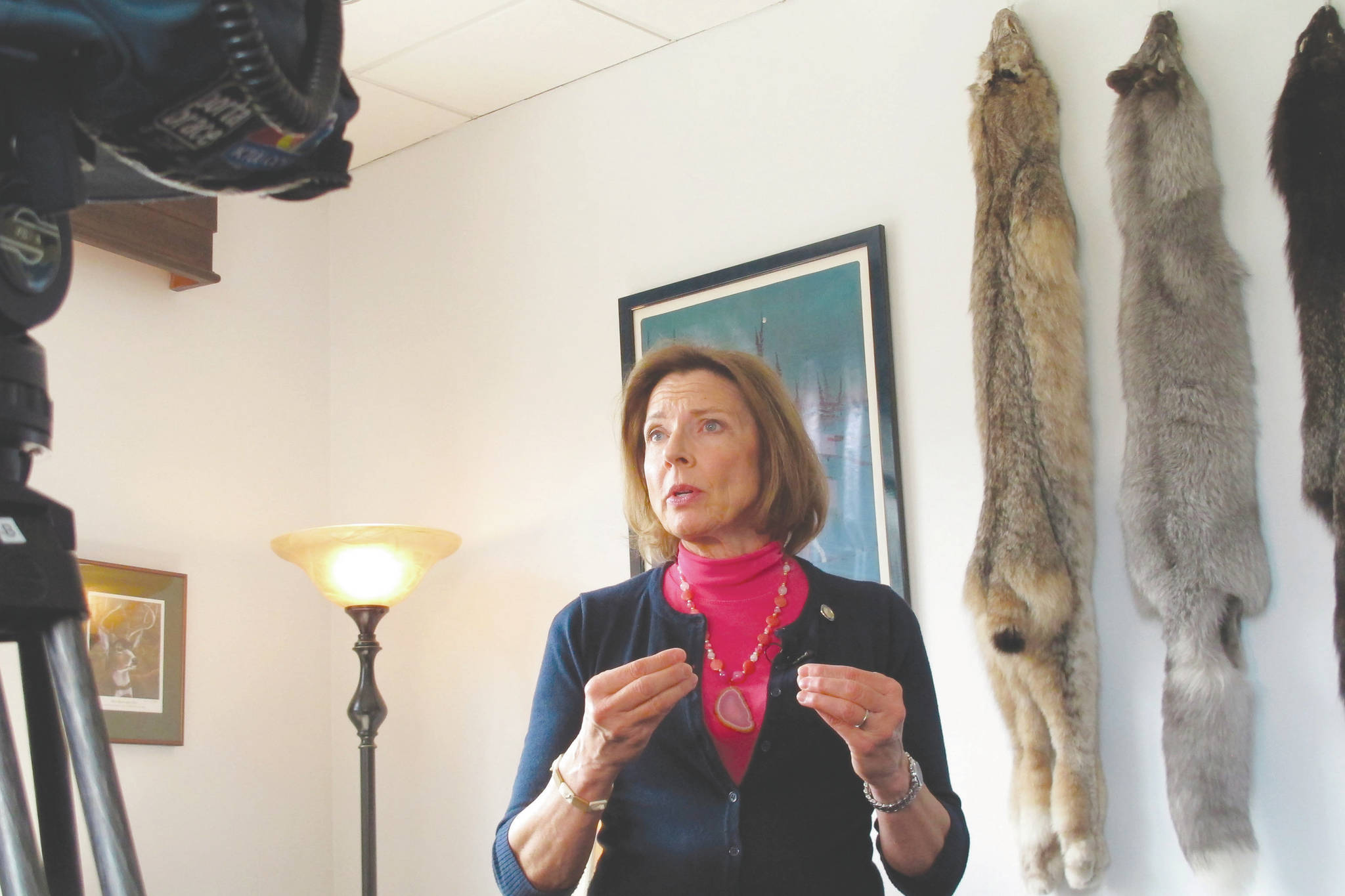 In this May 16, 2019, file photo, Alaska Senate President Cathy Giessel speaks to reporters in her office at the state Capitol in Juneau, Alaska. During her first year as Alaska Senate president, Giessel won over one-time political adversaries and angered some within her own party for her willingness to buck Gov. Mike Dunleavy, a fellow Republican, on key pieces of his agenda. (AP Photo/Becky Bohrer, File)