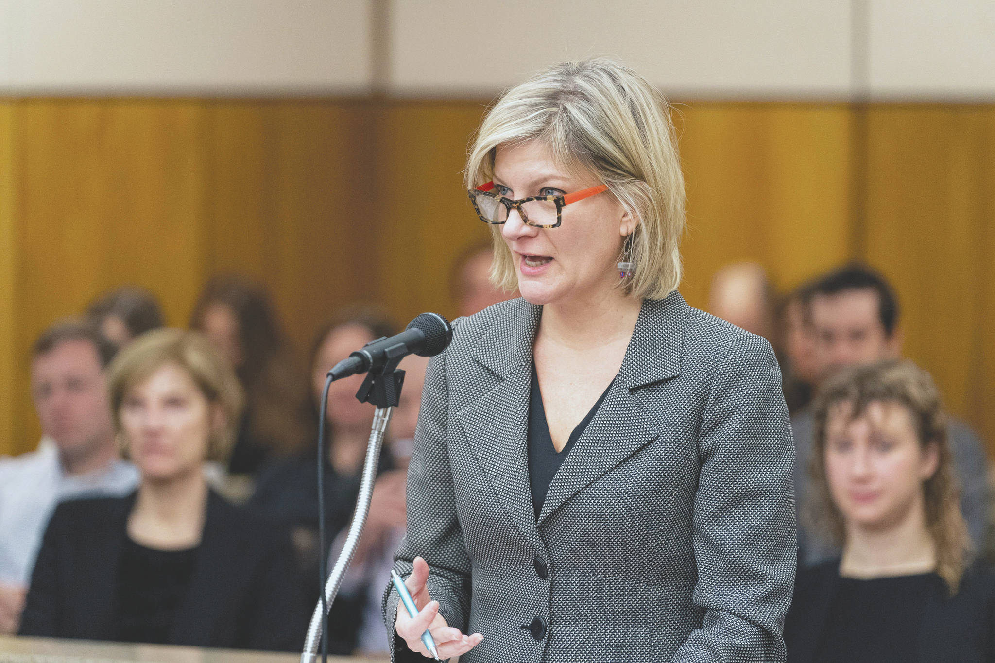 Loren Holmes/Anchorage Daily News via AP                                Former Alaska Attorney General Jahna Lindemuth argues on behalf of the Recall Dunleavy campaign Friday, in Alaska Superior Court. The campaign alleges that the state improperly rejected one step of their recall effort. Judge Eric Aarseth ruled that an effort to recall Republican Gov. Mike Dunleavy may proceed, a decision that is expected to be appealed. The decision followed arguments in the case and came two months after Gail Fenumiai, director of the state Division of Elections, rejected a bid to advance the recall effort.