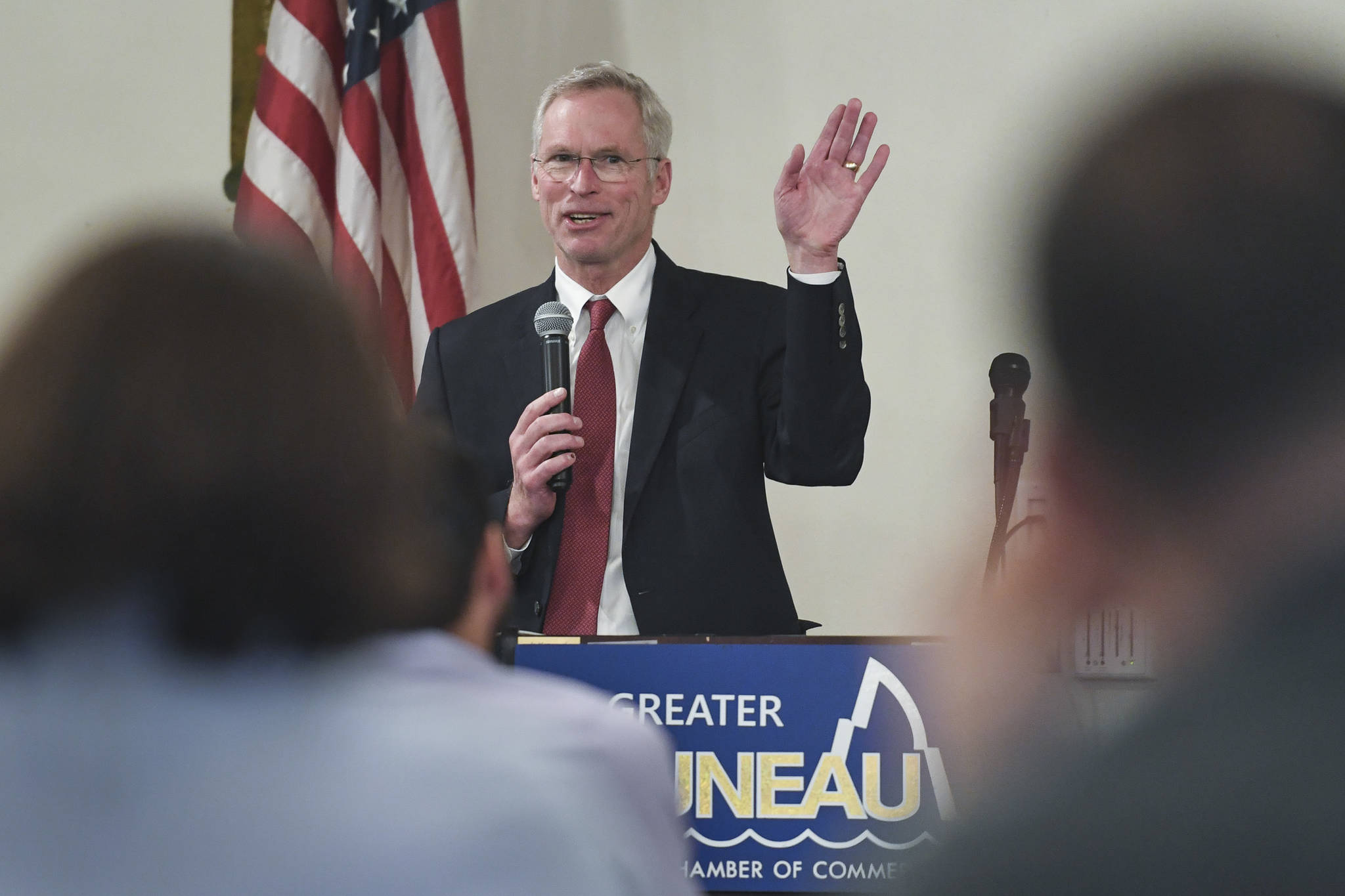 Dr. Jim Johnsen, president of the University of Alaska, speaks to the Juneau Chamber of Commerce at the Moose Lodge on Thursday, Nov. 21, 2019. (Michael Penn | Juneau Empire)