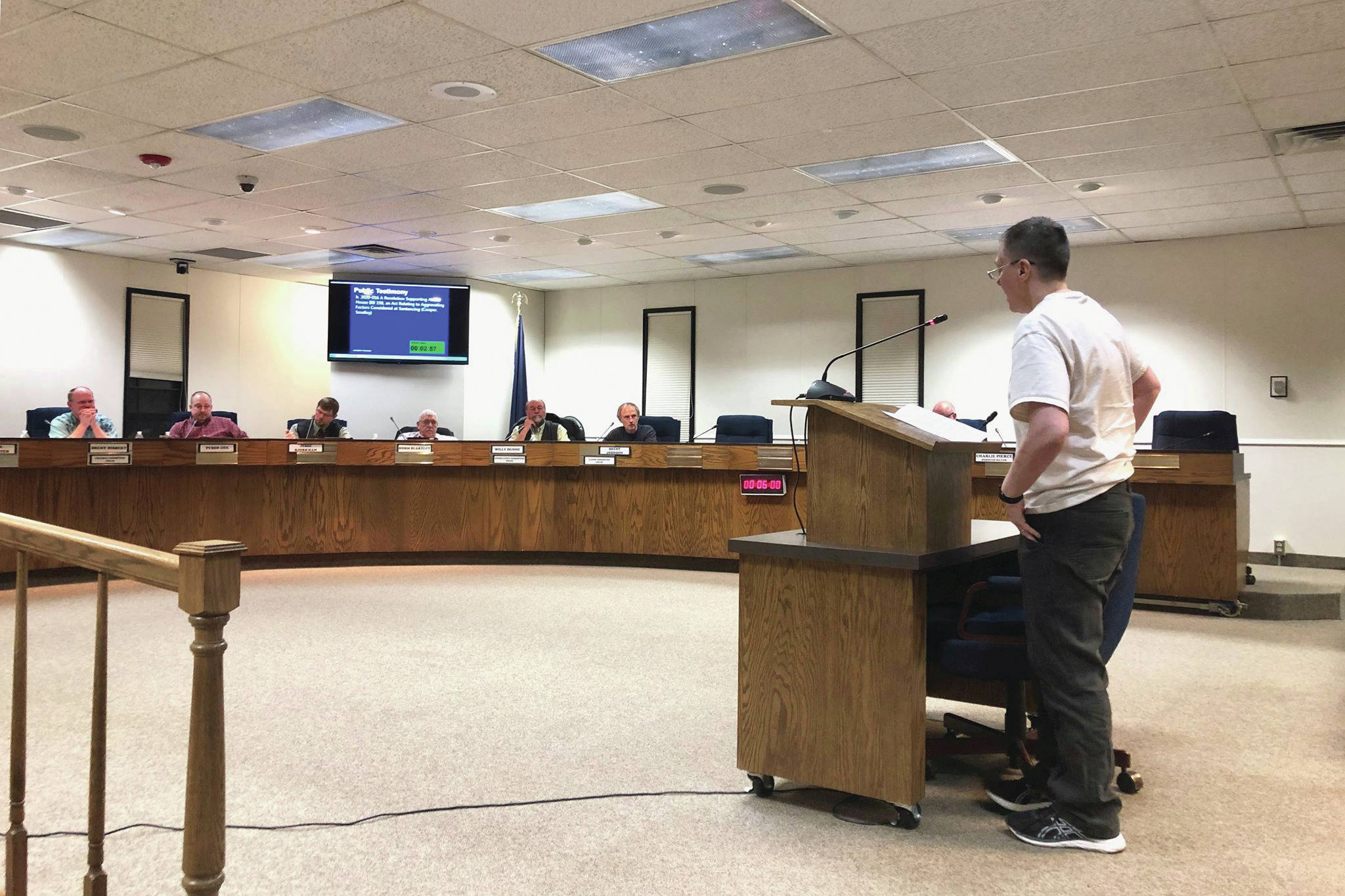 Tammie Willis, a Soldotna activist, shares her story with the Kenai Peninsula Borough Assembly at their Tuesday meeting on Feb. 25, 2020 in Soldotna, Alaska. (Photo by Victoria Petersen/Peninsula Clarion)