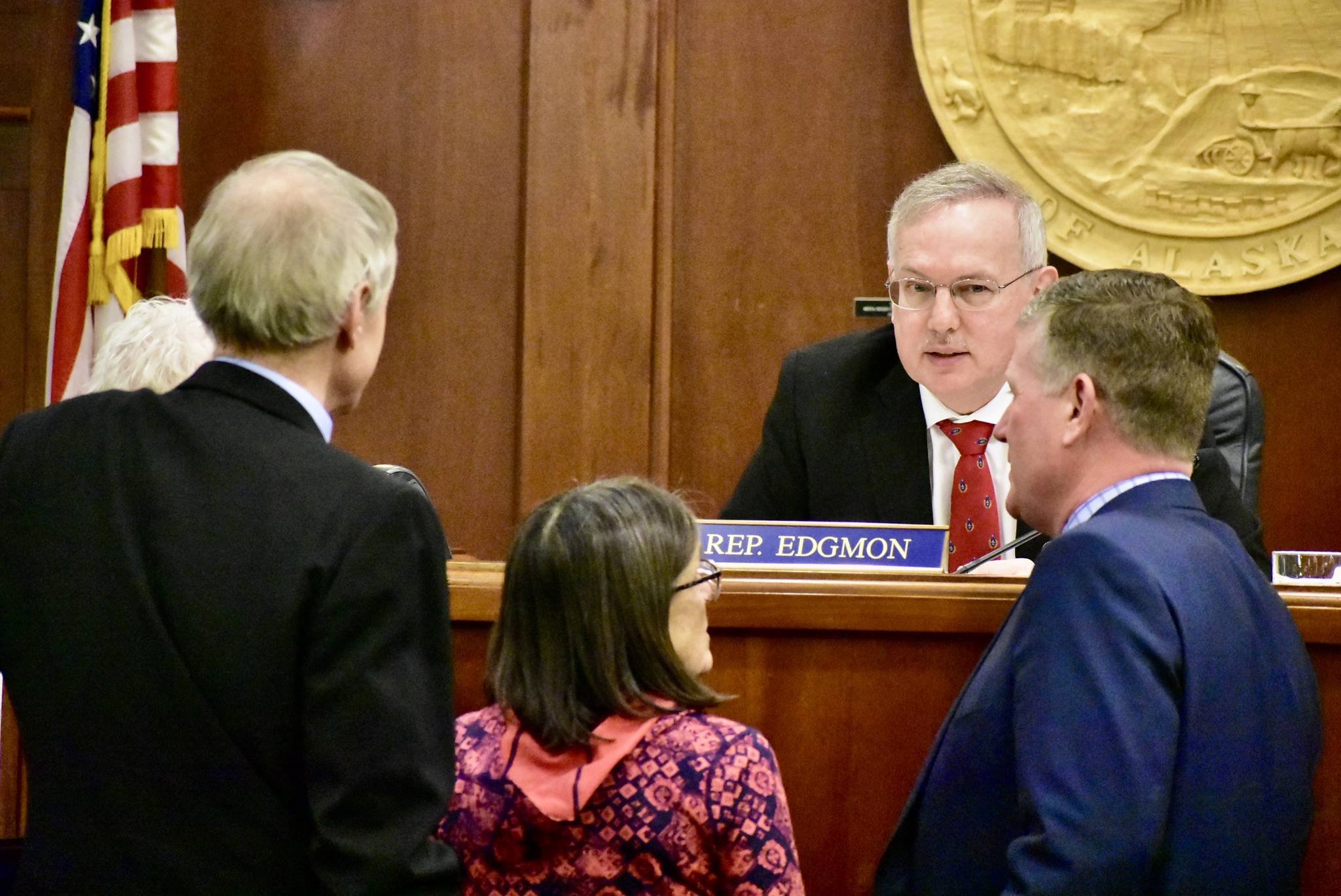 From left to right: Reps. Jonathan Kriess-Tompkins, D-Sitka; Ivy Sponholz, D-Anchorage; Bryce Edgmon, I-Dillingham, and Chuck Kopp, R-Anchorage, meet with reporters in the House Speakers Chambers on Monday, March 16, 2020. (Peter Segall | Juneau Empire)