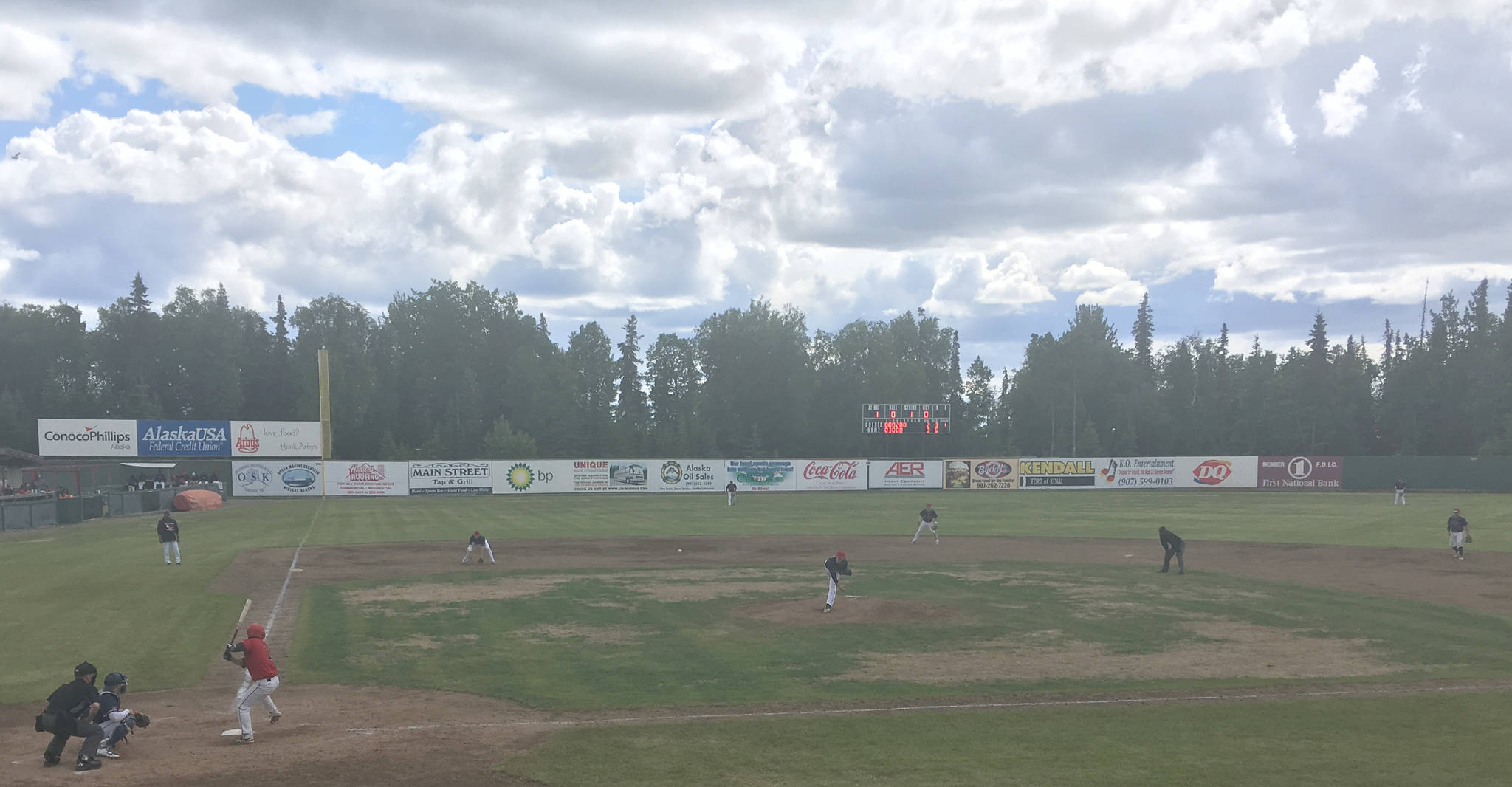 The Peninsula Oilers play the Chugiak-Eagle River Chinooks on Sunday, June 16, 2019, at Coral Seymour Memorial Park in Kenai, Alaska. (Photo by Jeff Helminiak/Peninsula Clarion)