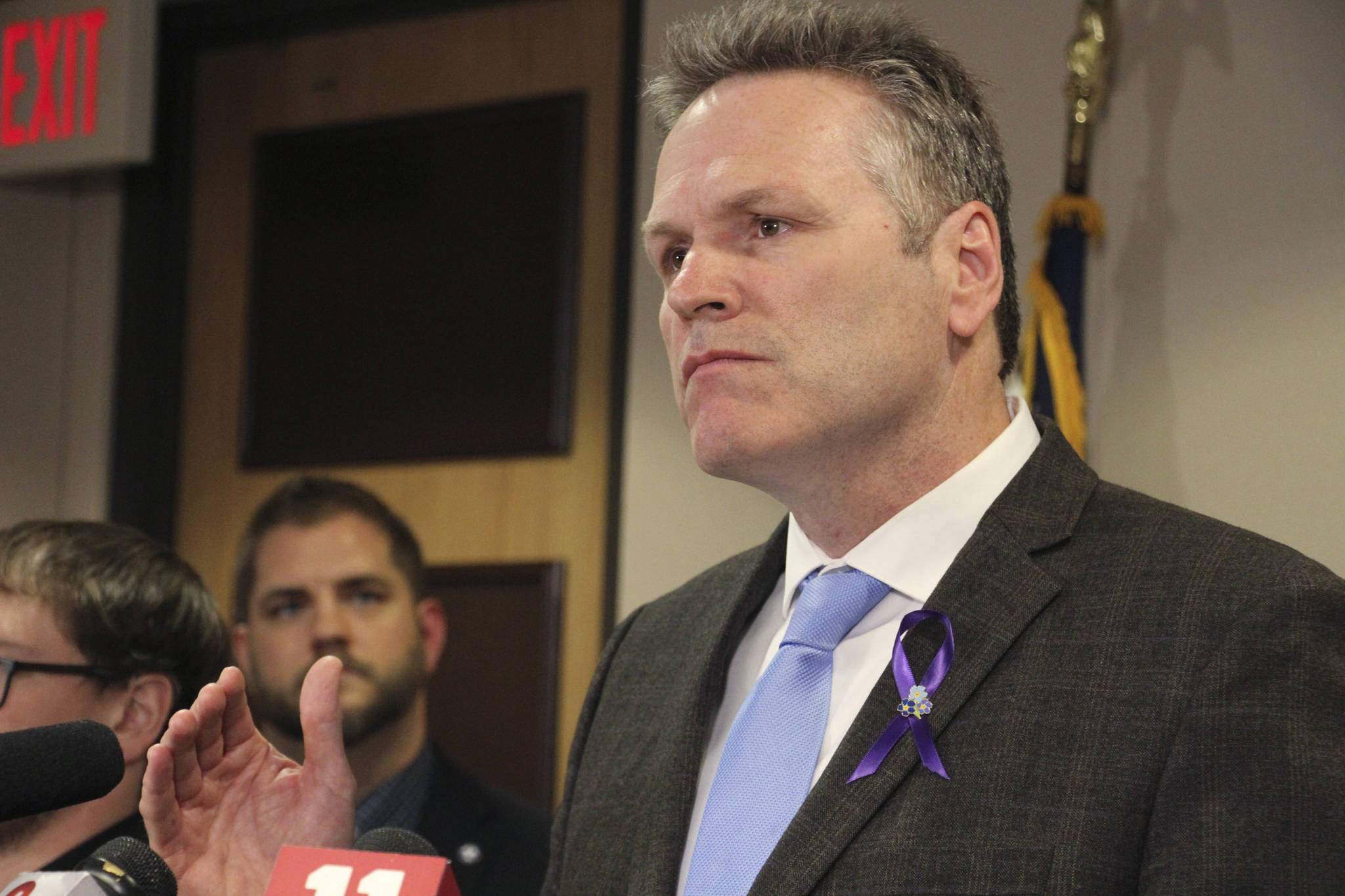 Gov. Mike Dunleavy holds a press conference at the Capitol on Tuesday, April 9, 2019. (Juneau Empire file photo)