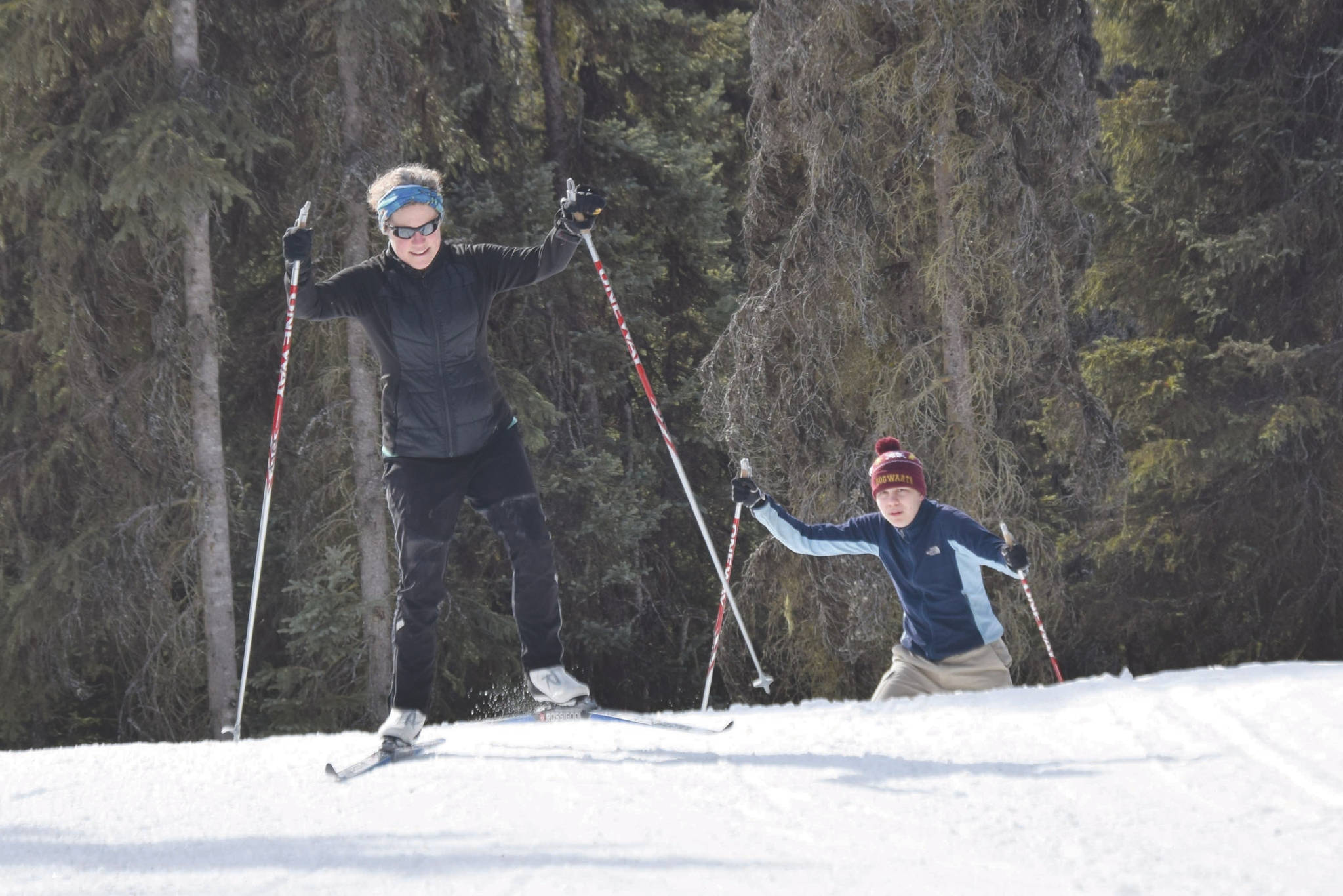 Jeff Helminiak/Peninsula Clarion                                Soldotna’s Sheryl Nelson and her son, Robert, ski at Tsalteshi Trails on Tuesday, just outside of Soldotna.