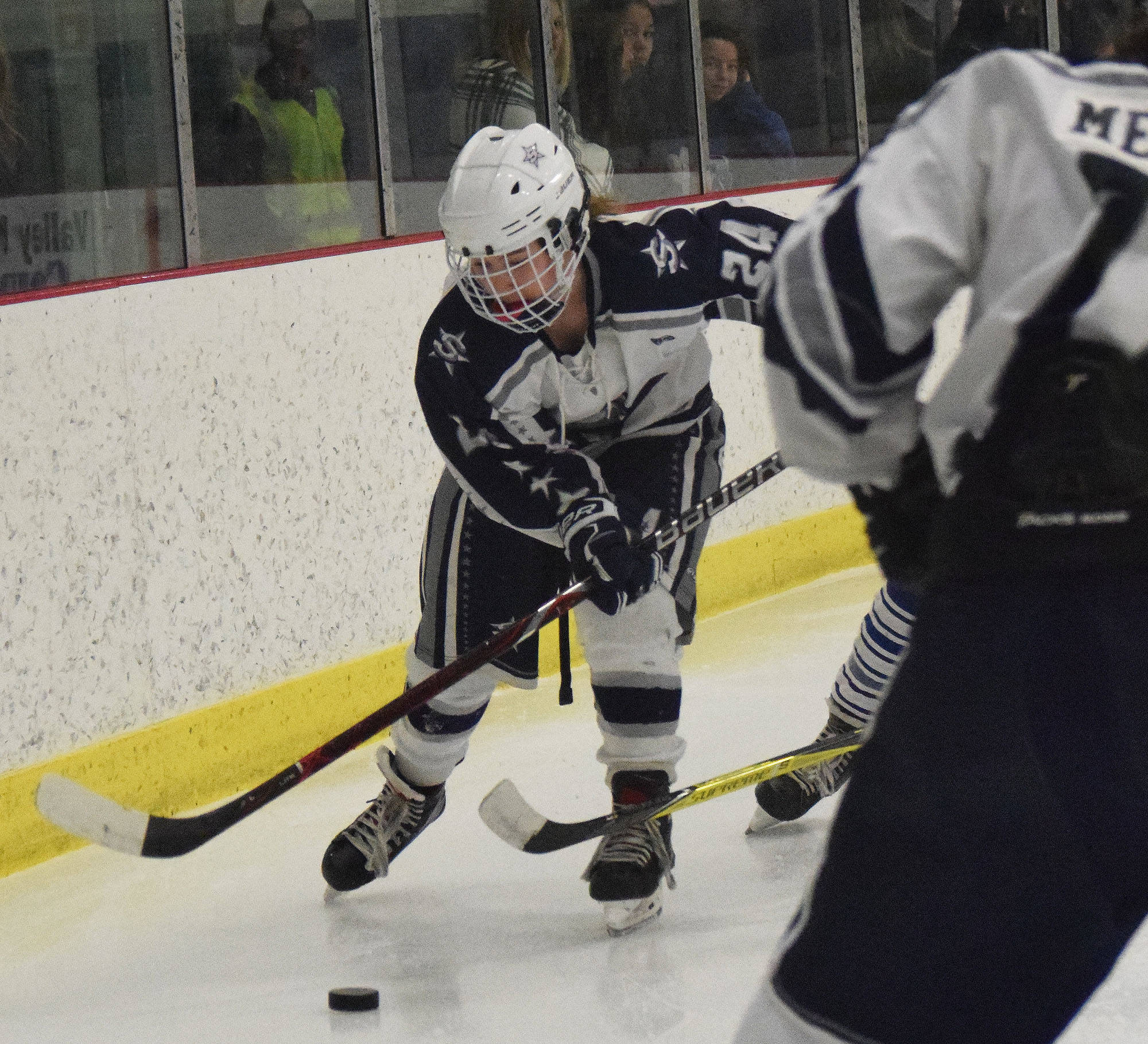 Soldotna’s Journey Miller looks for space Friday in a state semifinal contest against Palmer at the Curtis Menard Sports Complex in Wasilla. (Photo by Joey Klecka/Peninsula Clarion)