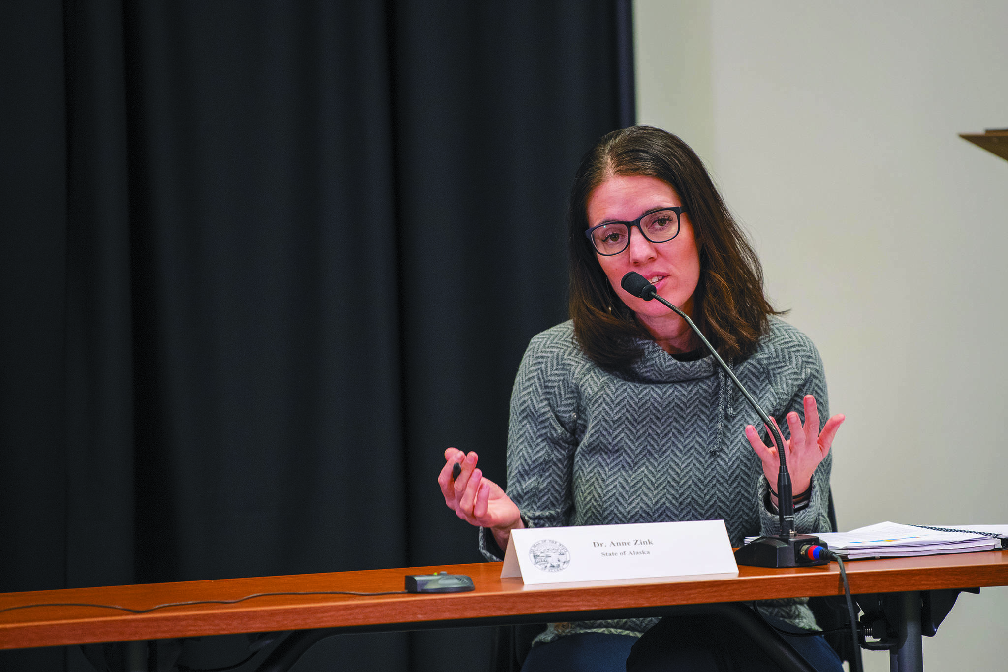 Dr. Anne Zink, Alaska’s chief medical officer, addresses reporters during a Wednesday, March 25, 2020 press conference in the Atwood Building in Anchorage, Alaska. (Office of the Governor)