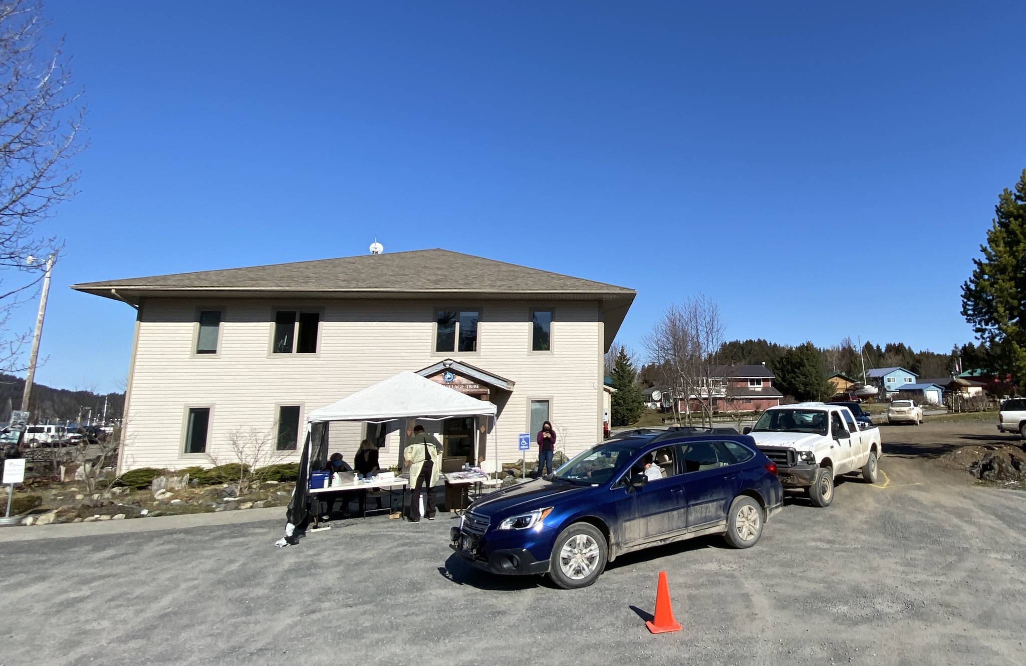 Staff with the Seldovia Village Tribe Health and Wellness Center and the Seldovia Village Tribal Administration conduct free COVID-19 testing in Seldovia, Alaska on April 29, 2020. (Photo courtesy Laurel Hilts/Seldovia Village Tribe)