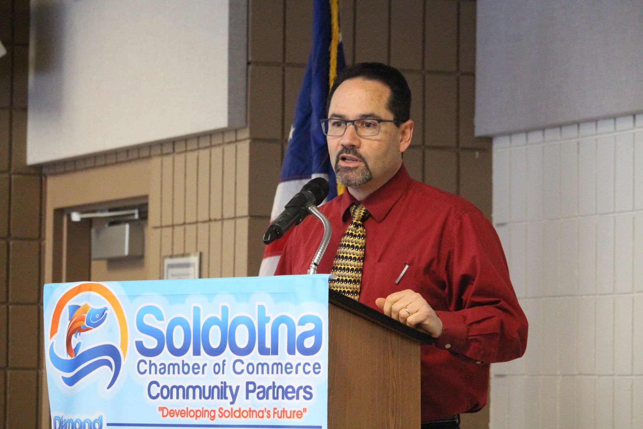 John O’Brien, superintendent for the Kenai Peninsula School District, gives a presentation to the Soldotna Chamber of Commerce at the Soldotna Regional Sports Complex in Soldotna, Alaska on Jan. 22, 2020. (Photo by Brian Mazurek/Peninsula Clarion)