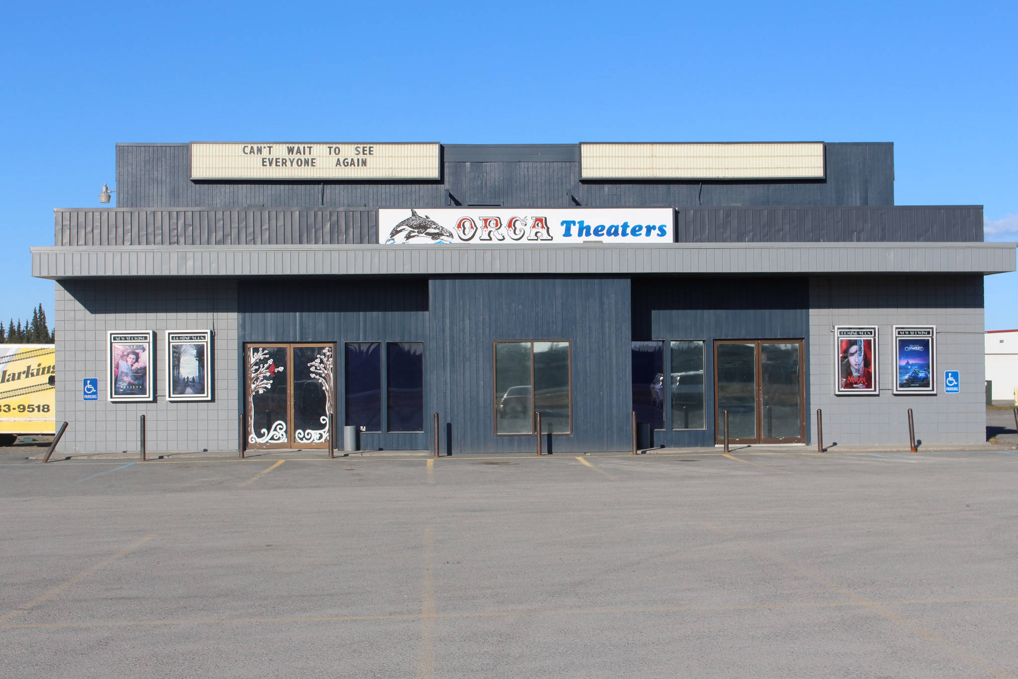 The Orca Theater in Kalifornsky, Alaska, is shuttered on Wednesday, May 6, 2020. (Photo by Brian Mazurek/Peninsula Clarion)