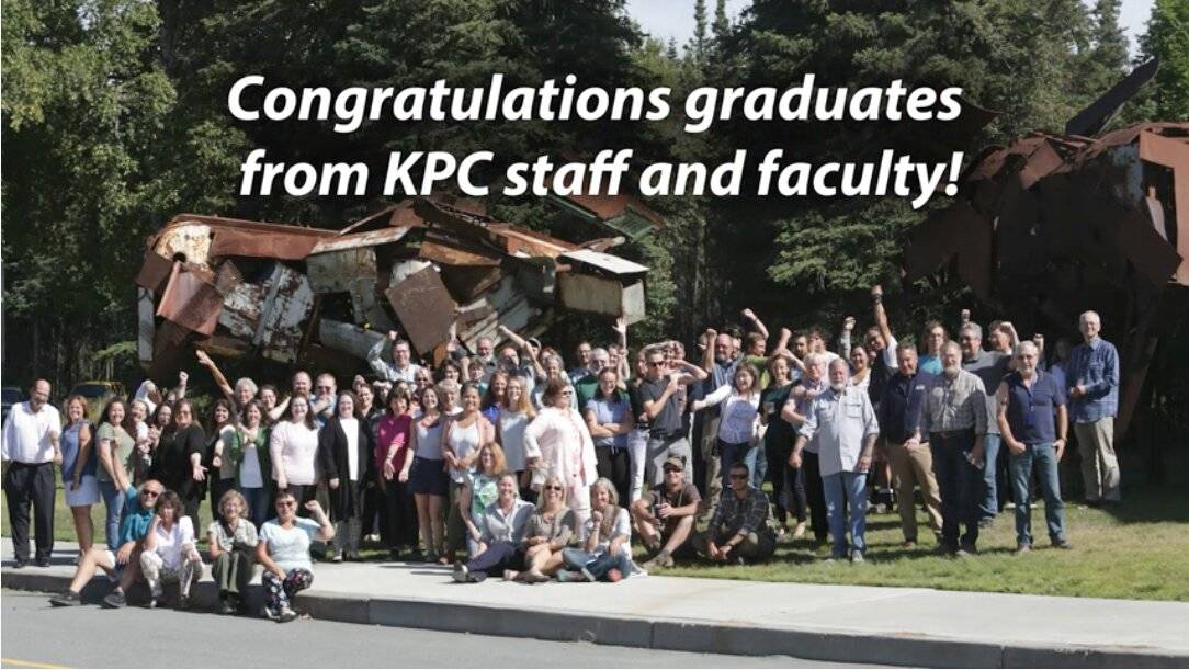 A screenshot from the Kenai Peninsula College graduation ceremony shows an August 2019 photo of Kenai Peninsula College faculty and staff. The May 7, 2020 ceremony was held virtually due to the COVID-19 pandemic. (Screenshot)