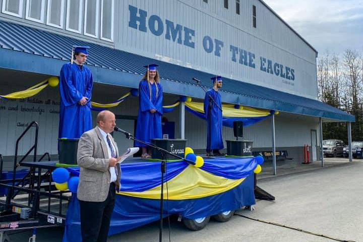 Robert Walsh (left), Linnanae Dohse, Scott Loehr graduate from Cook Inlet Academy on Saturday, May 9, 2020. (Photo submitted by Karen McGahan)                                Robert Walsh (left), Linnanae Dohse, Scott Loehr graduate from Cook Inlet Academy on Saturday, May 9, 2020. (Photo submitted by Karen McGahan)