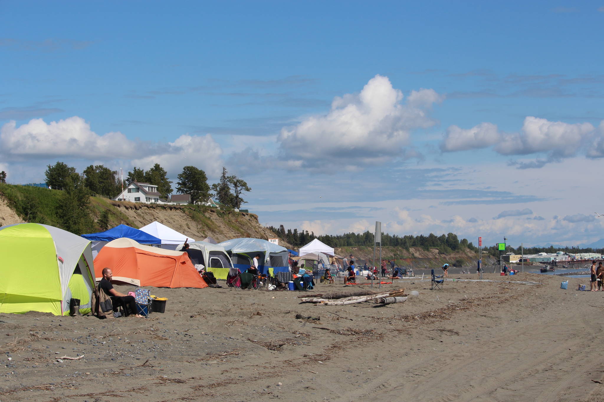 Dipnetters can be seen here camping on the Kenai Beach during the first day of dipnetting on July 10, 2020. (Photo by Brian Mazurek/Peninsula Clarion)