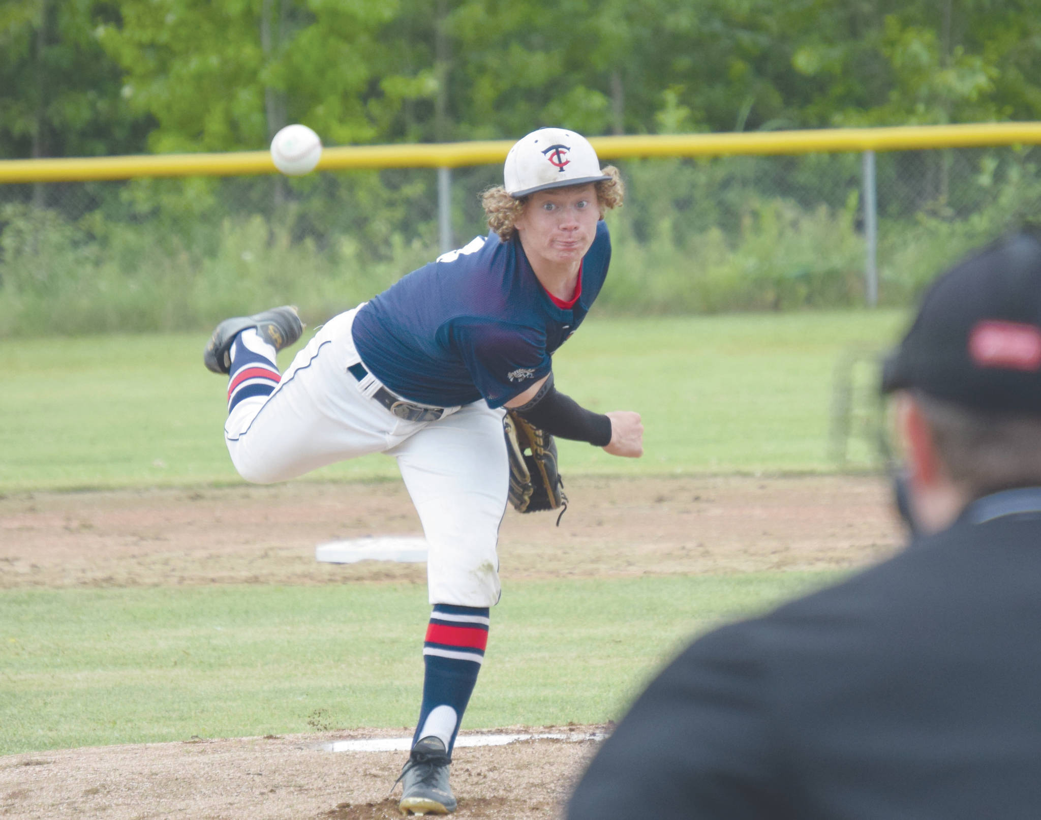 Alaska 20 starting pitcher Mose Hayes delivers to Palmer on Saturday, July 11, 2020, at the Soldotna Little League fields in Soldotna, Alaska. (Photo by Jeff Helminiak/Peninsula Clarion)