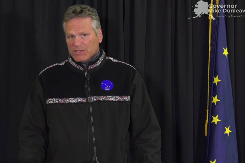 Gov. Mike Dunleavy speaks at a press conference on Aug. 18, 2020, held in Anchorage, Alaska. (Livestream screenshot courtesy Office of the Governor)